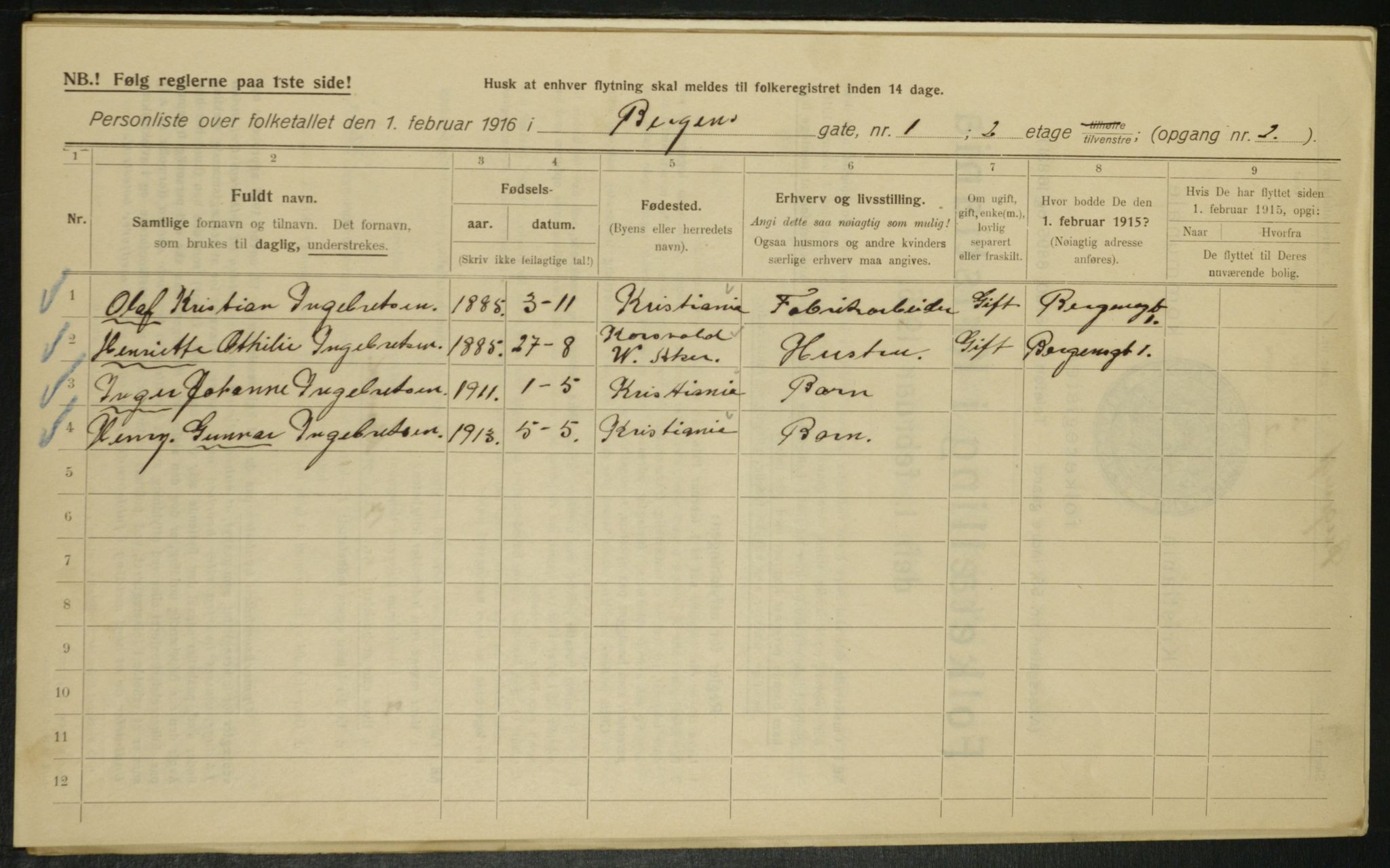 OBA, Municipal Census 1916 for Kristiania, 1916, p. 3762