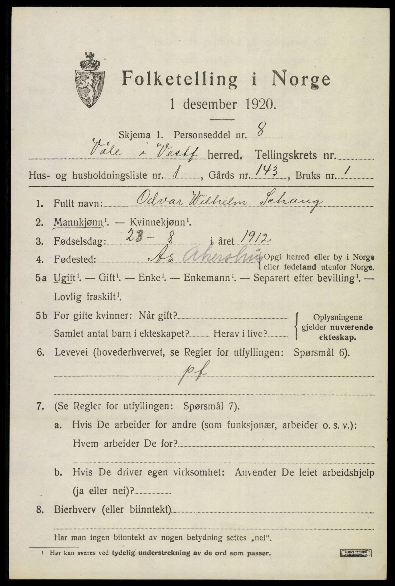 SAKO, 1920 census for Våle, 1920, p. 6174