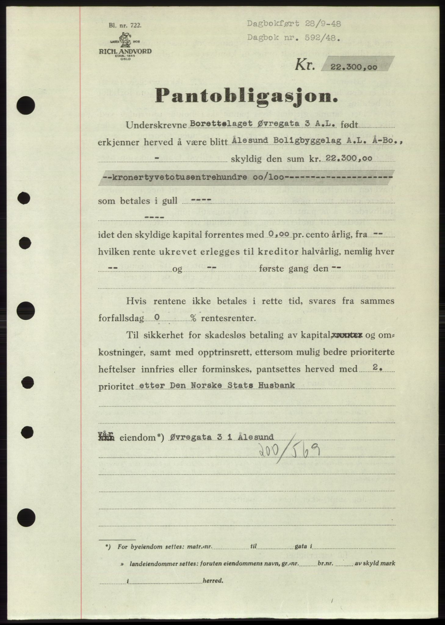 Ålesund byfogd, AV/SAT-A-4384: Mortgage book no. B36-38, 1948-1950, Diary no: : 592/1948