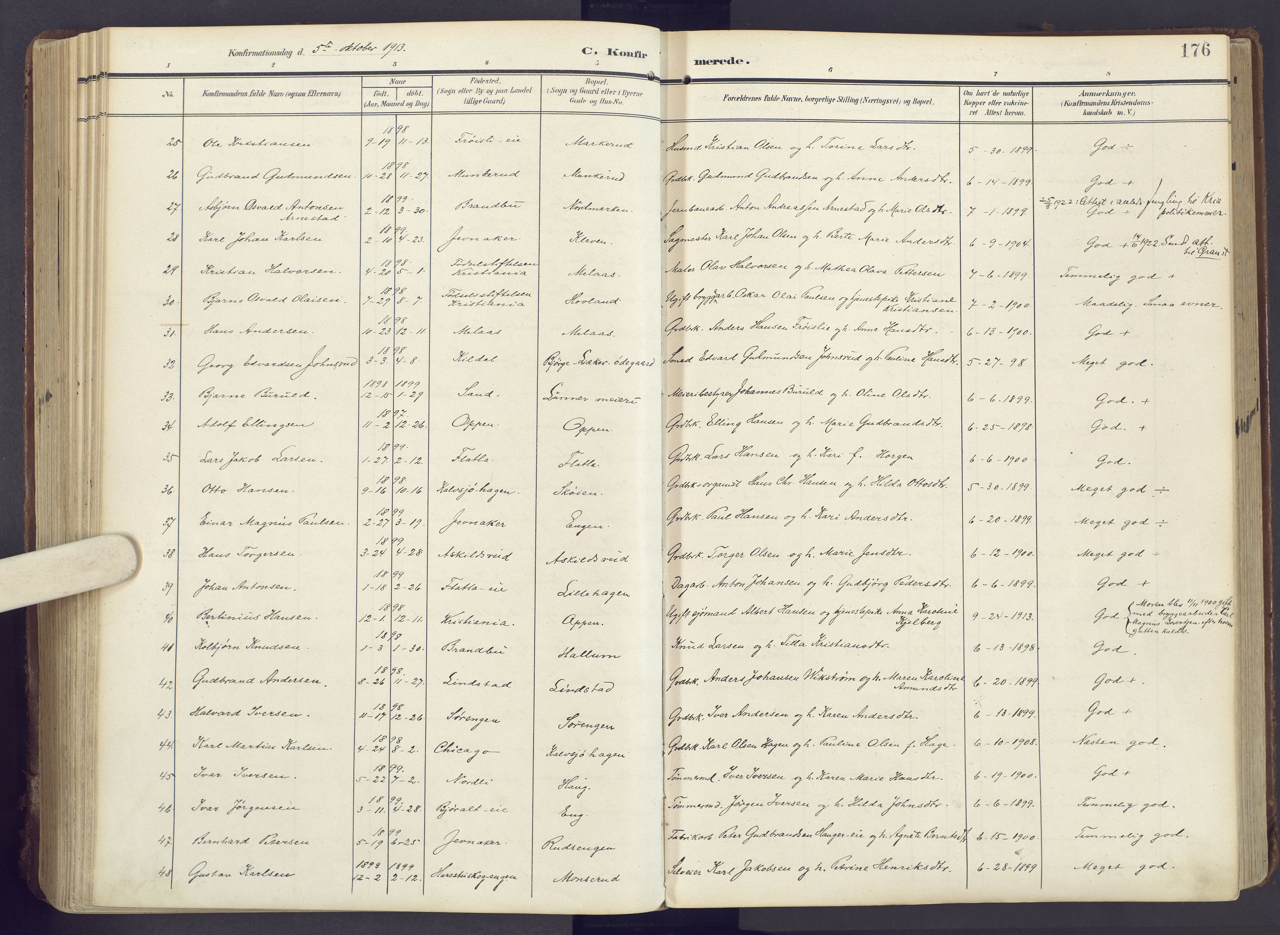 Lunner prestekontor, SAH/PREST-118/H/Ha/Haa/L0001: Parish register (official) no. 1, 1907-1922, p. 176