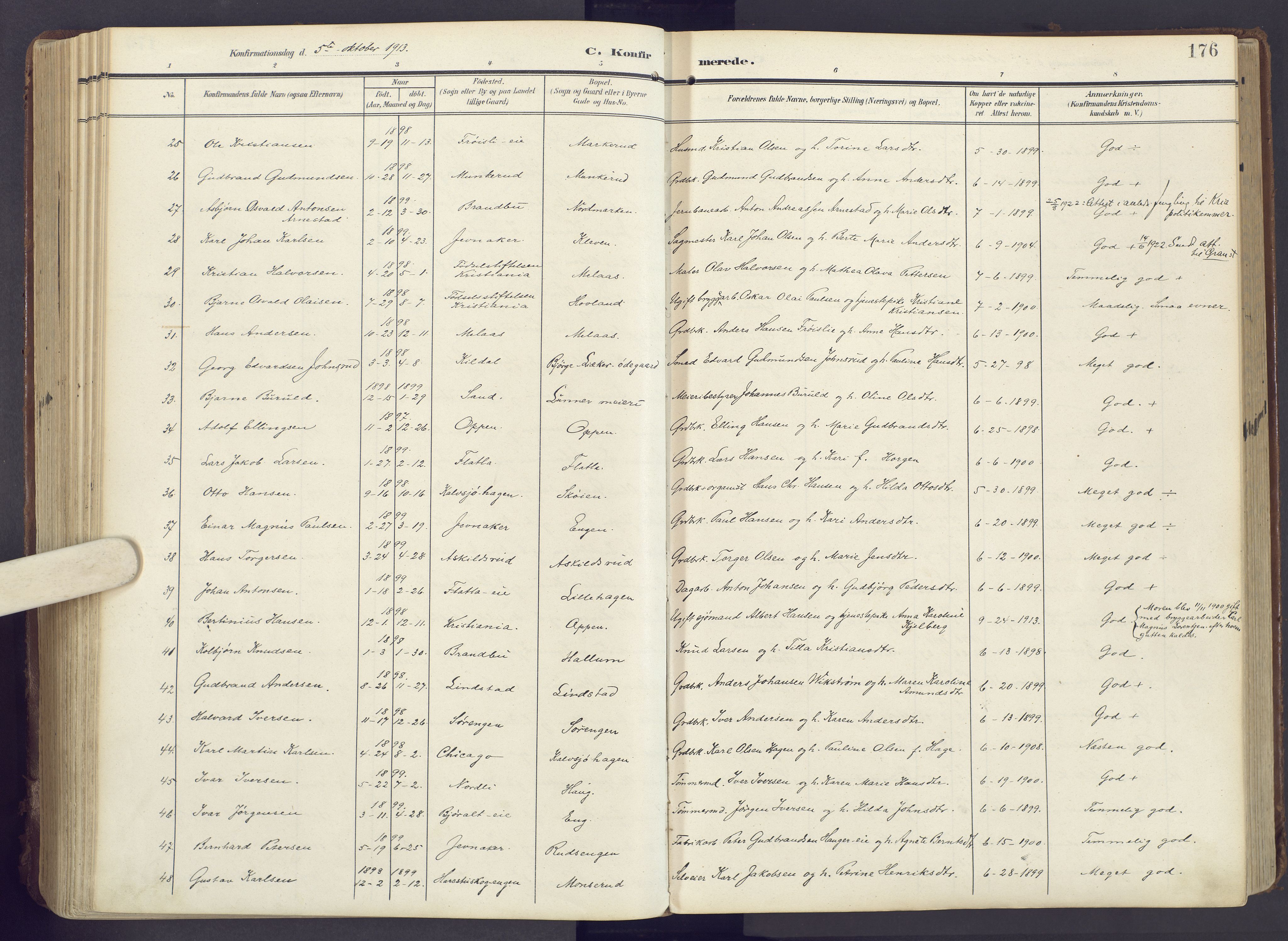 Lunner prestekontor, AV/SAH-PREST-118/H/Ha/Haa/L0001: Parish register (official) no. 1, 1907-1922, p. 176