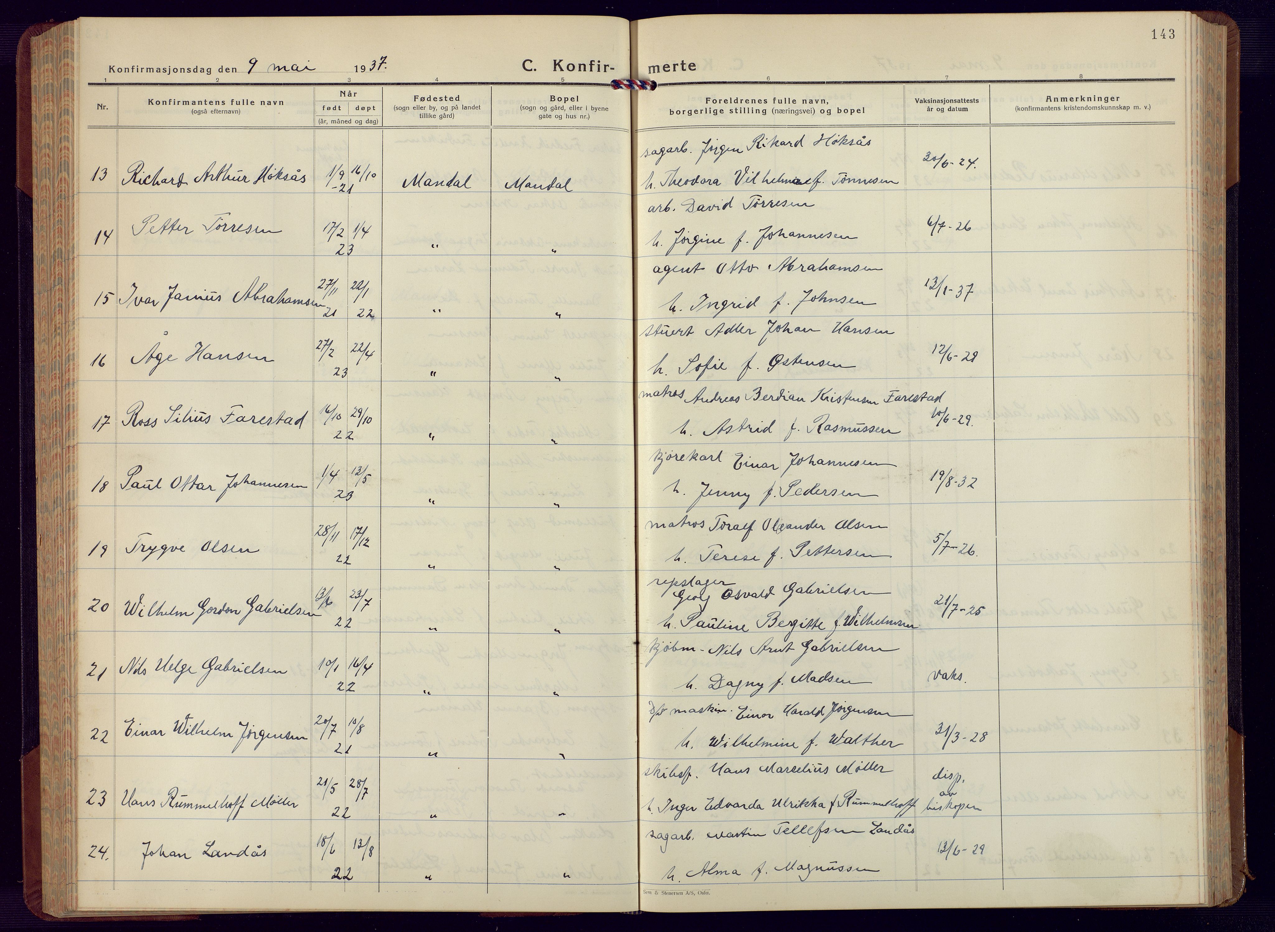 Mandal sokneprestkontor, SAK/1111-0030/F/Fb/Fbc/L0002: Parish register (copy) no. B 2, 1931-1949, p. 143