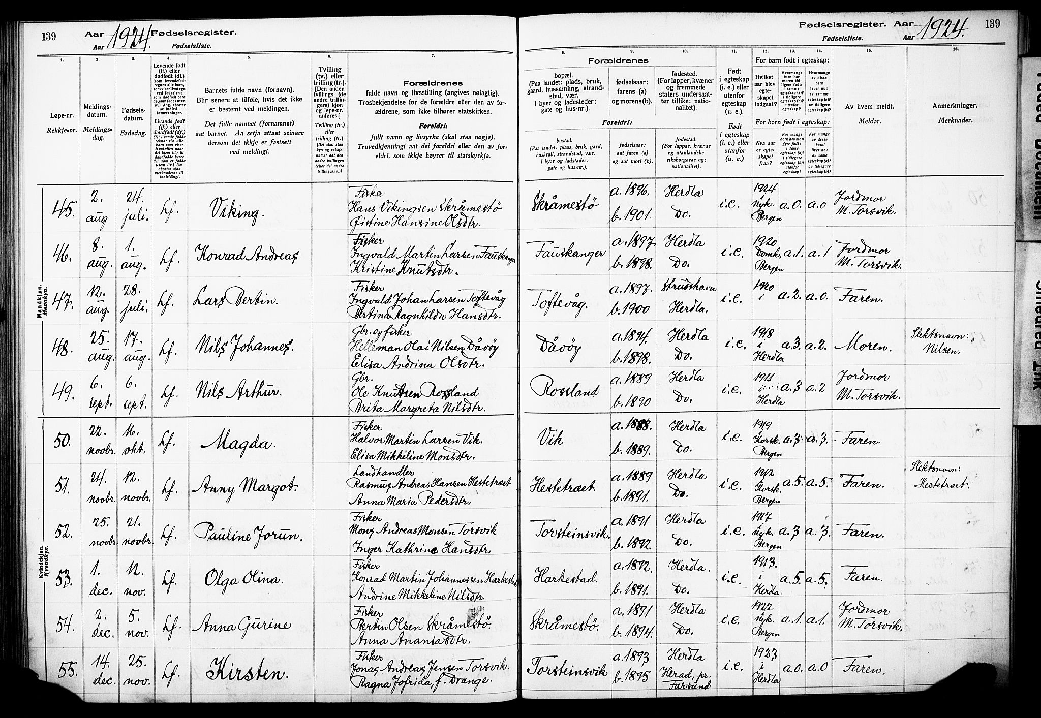 Herdla Sokneprestembete, AV/SAB-A-75701/I/Id/L00A1: Birth register no. A 1, 1916-1929, p. 139