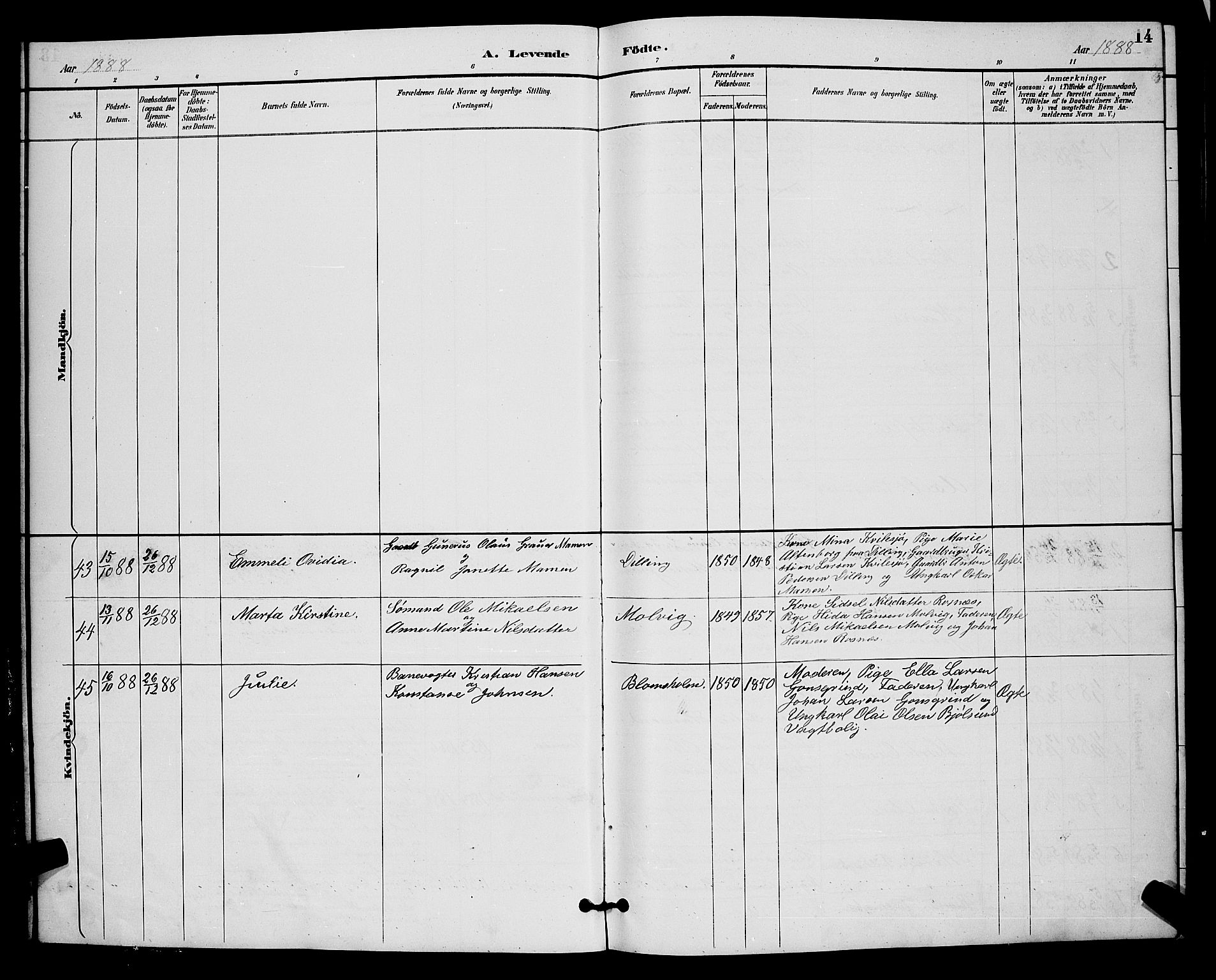 Rygge prestekontor Kirkebøker, AV/SAO-A-10084b/G/Ga/L0002: Parish register (copy) no. 2, 1887-1905, p. 14