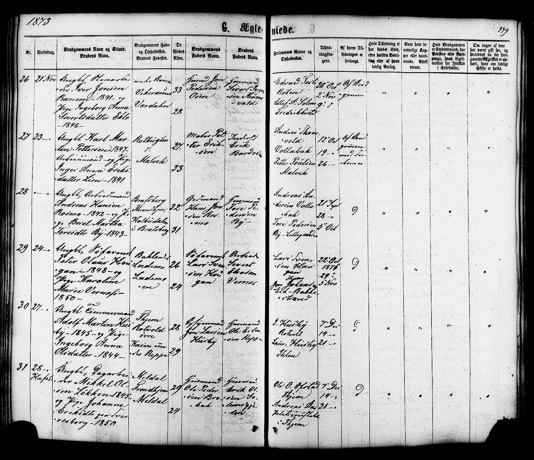 Ministerialprotokoller, klokkerbøker og fødselsregistre - Sør-Trøndelag, AV/SAT-A-1456/606/L0293: Parish register (official) no. 606A08, 1866-1877, p. 349