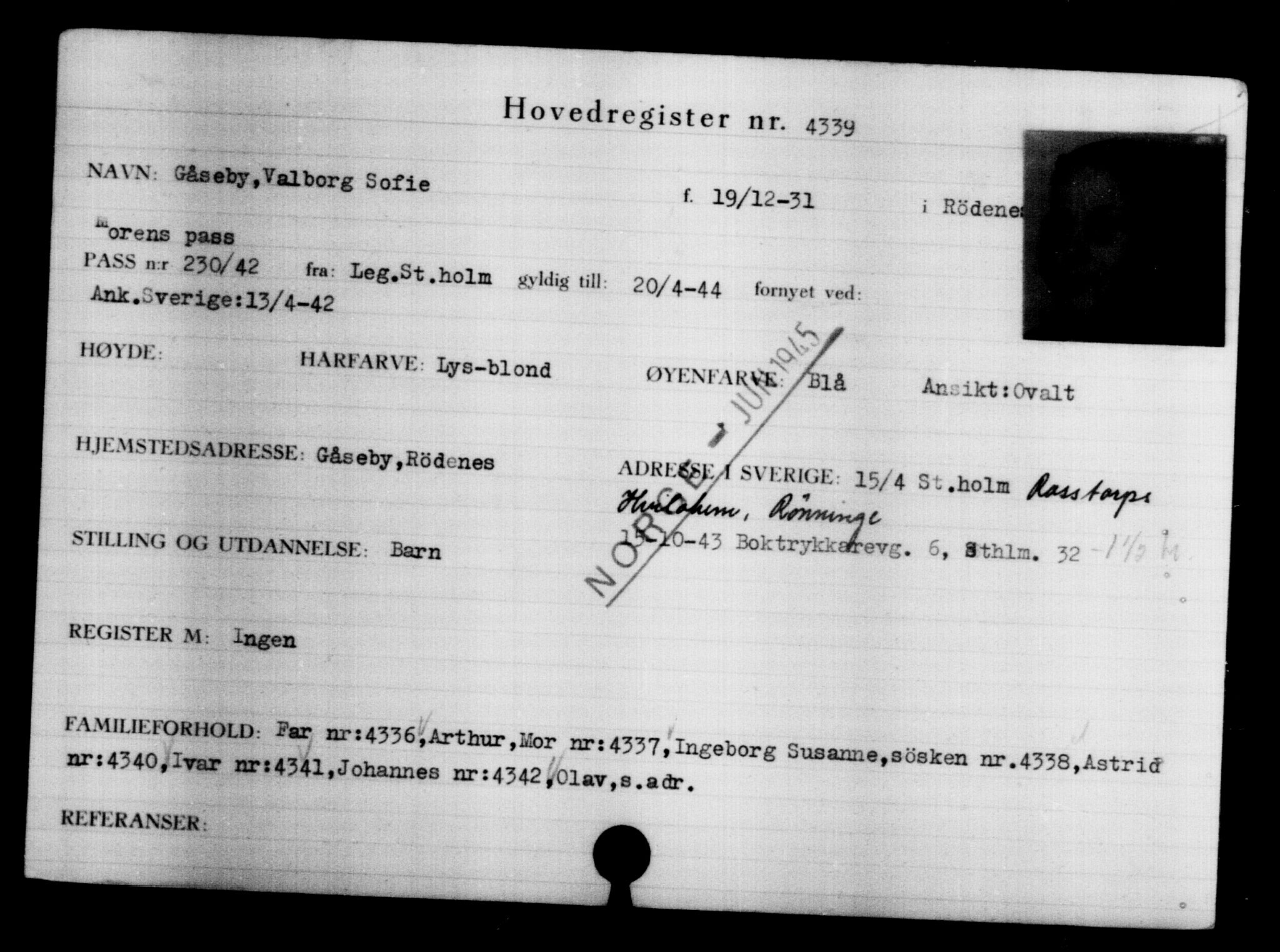 Utenriksstasjonene, Legasjonen i Stockholm, Flyktningkontoret, AV/RA-S-6753/V/Va/L0004: Kjesäterkartoteket, flyktninger med registreringsnr. 3496-6610, 1940-1945, p. 1023