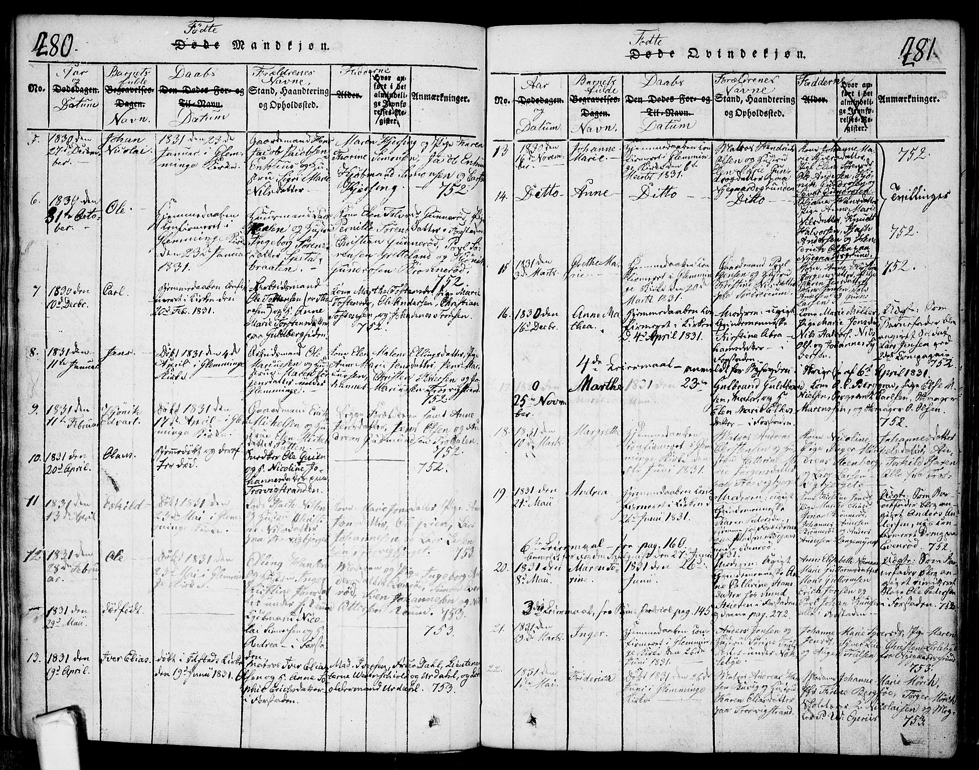 Glemmen prestekontor Kirkebøker, AV/SAO-A-10908/F/Fa/L0004: Parish register (official) no. 4, 1816-1838, p. 280-281