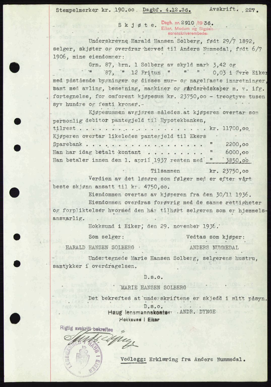 Eiker, Modum og Sigdal sorenskriveri, SAKO/A-123/G/Ga/Gab/L0034: Mortgage book no. A4, 1936-1937, Diary no: : 2910/1936