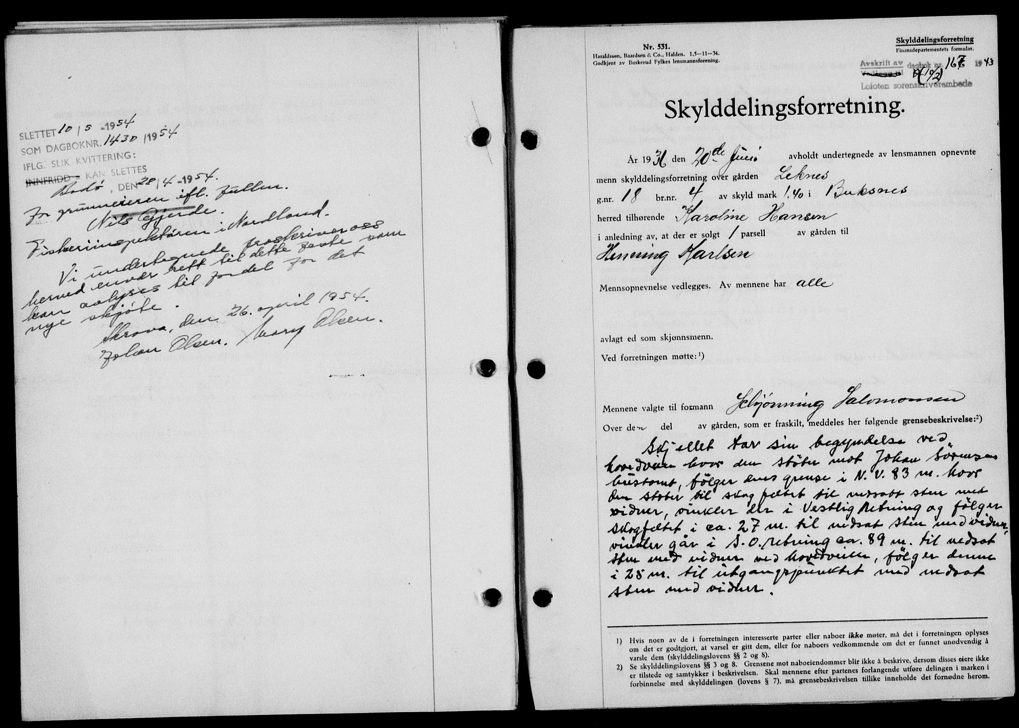 Lofoten sorenskriveri, SAT/A-0017/1/2/2C/L0010a: Mortgage book no. 10a, 1942-1943, Diary no: : 167/1943