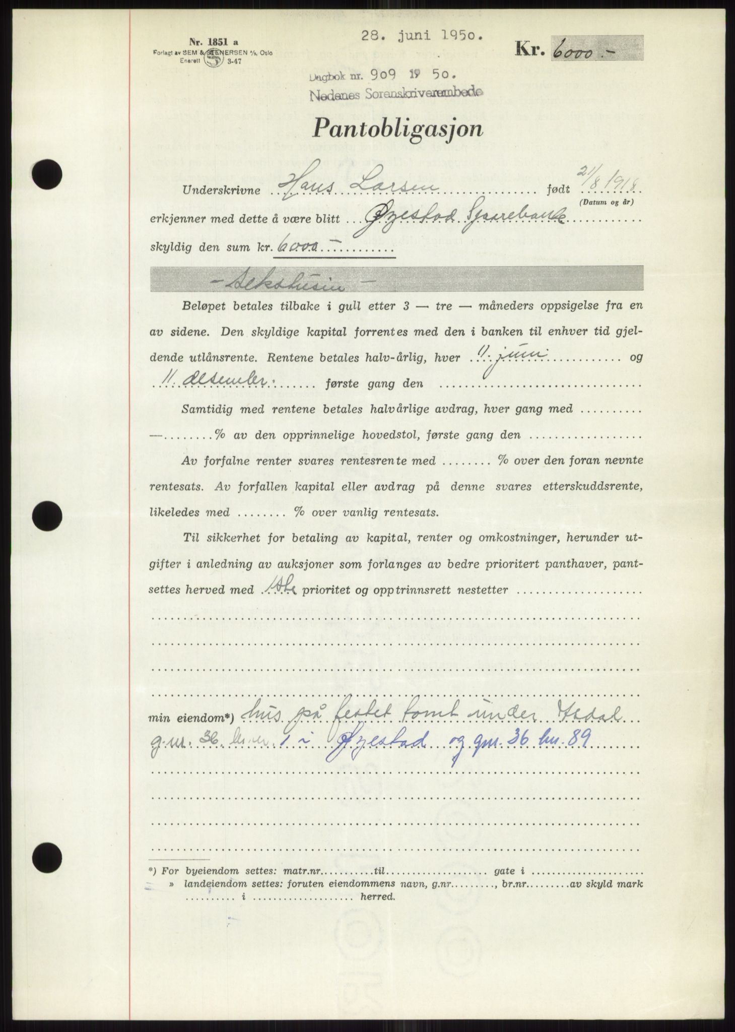 Nedenes sorenskriveri, AV/SAK-1221-0006/G/Gb/Gbb/L0007: Mortgage book no. B7, 1949-1950, Diary no: : 909/1950