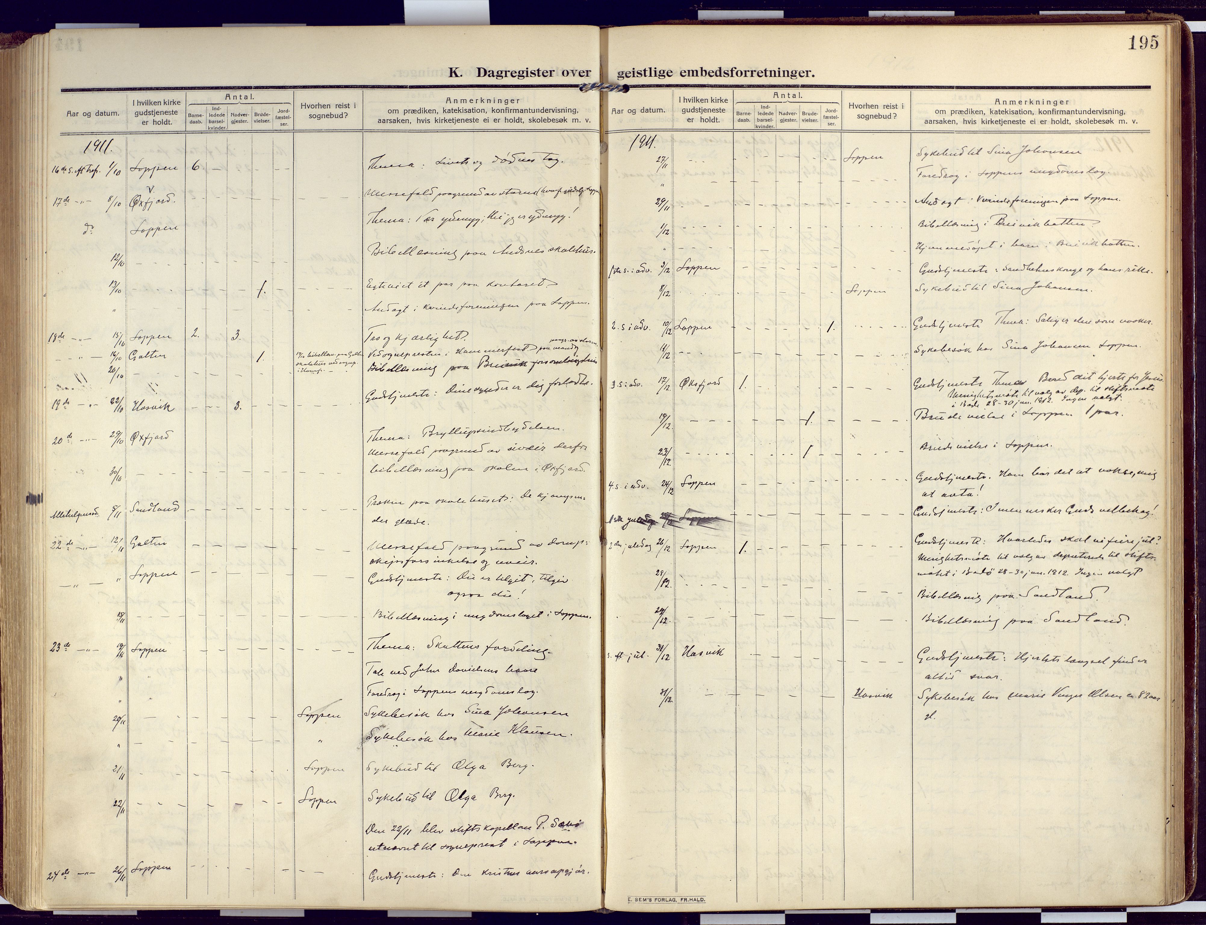 Loppa sokneprestkontor, SATØ/S-1339/H/Ha/L0011kirke: Parish register (official) no. 11, 1909-1919, p. 195