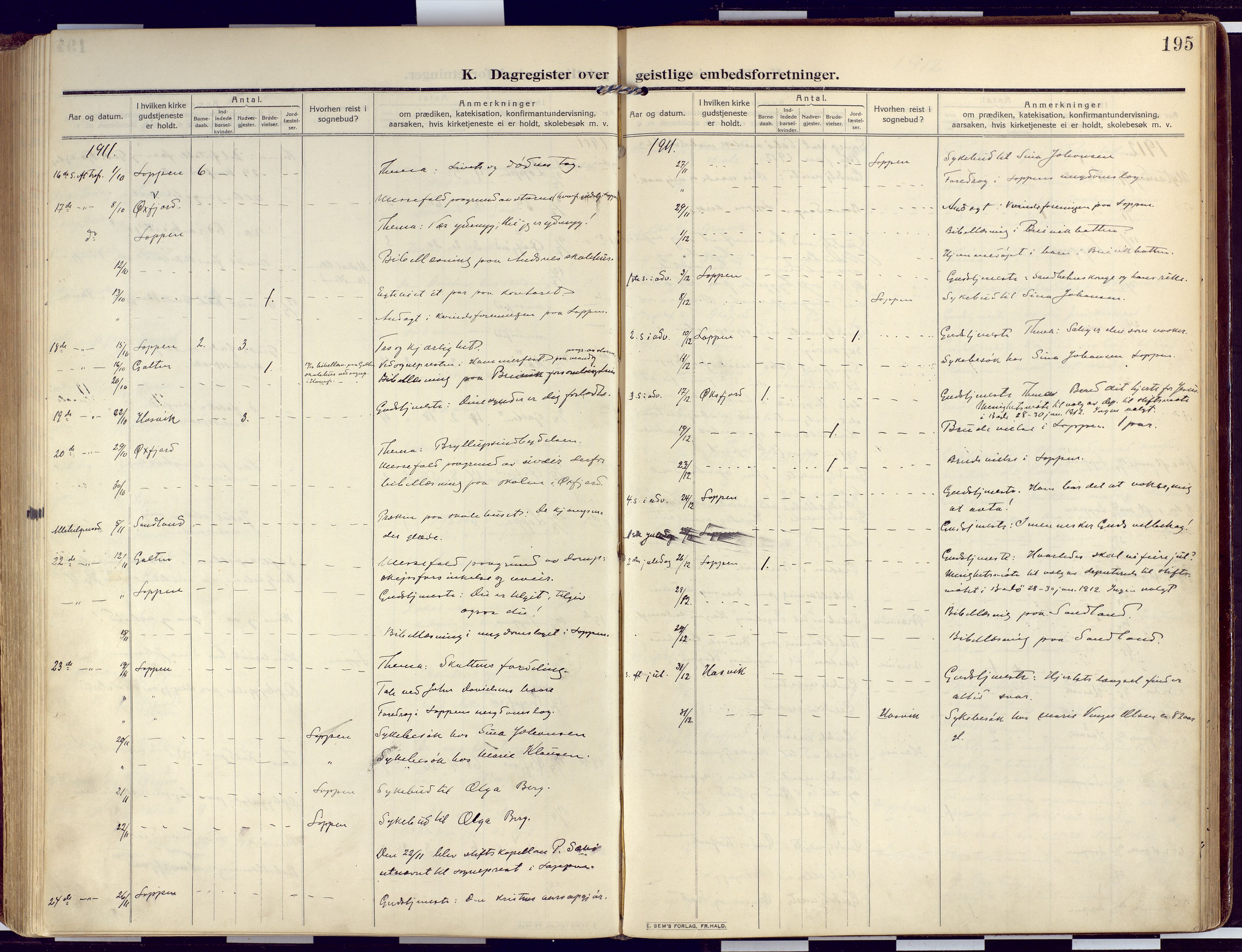 Loppa sokneprestkontor, AV/SATØ-S-1339/H/Ha/L0011kirke: Parish register (official) no. 11, 1909-1919, p. 195