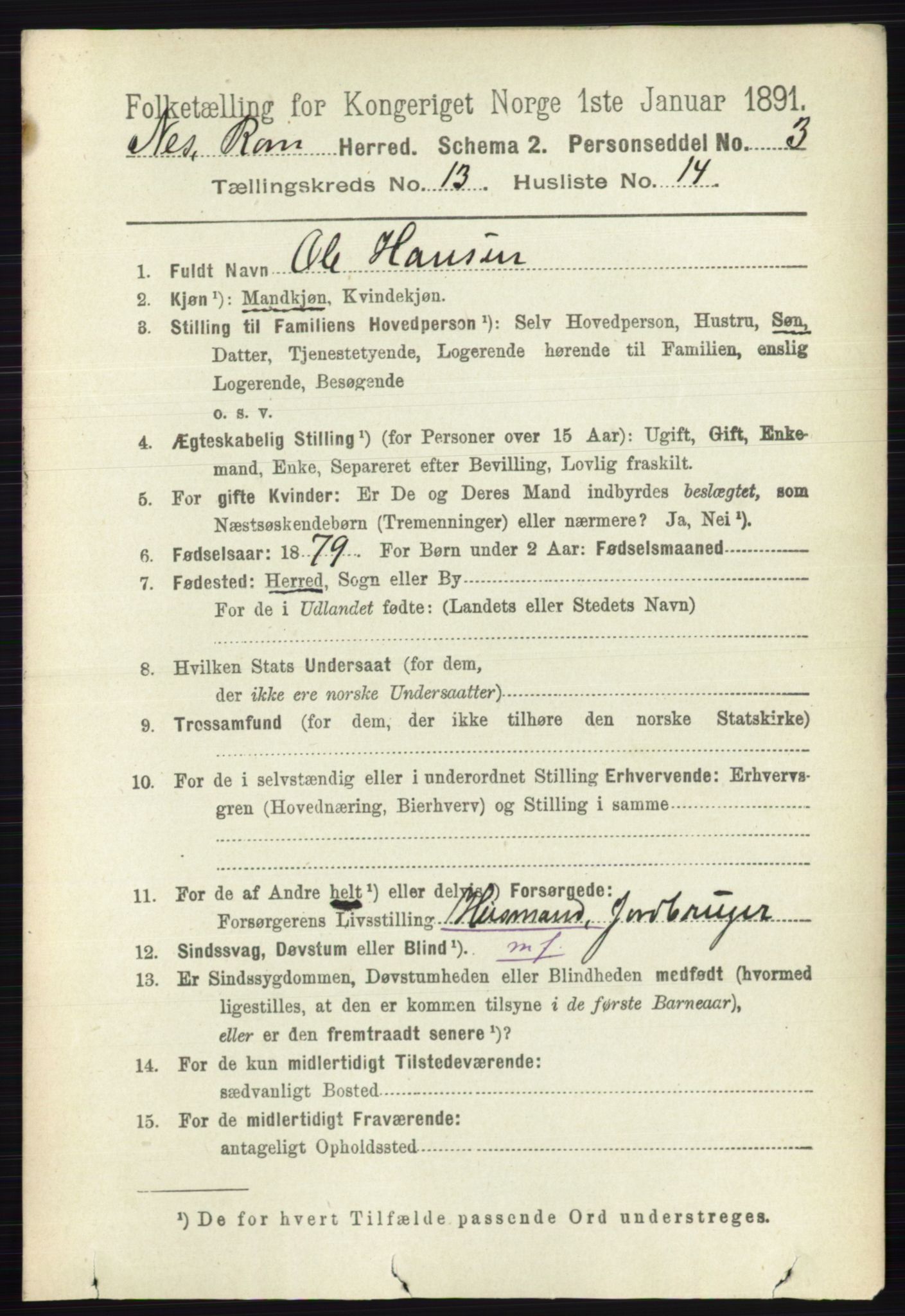 RA, 1891 census for 0236 Nes, 1891, p. 7926