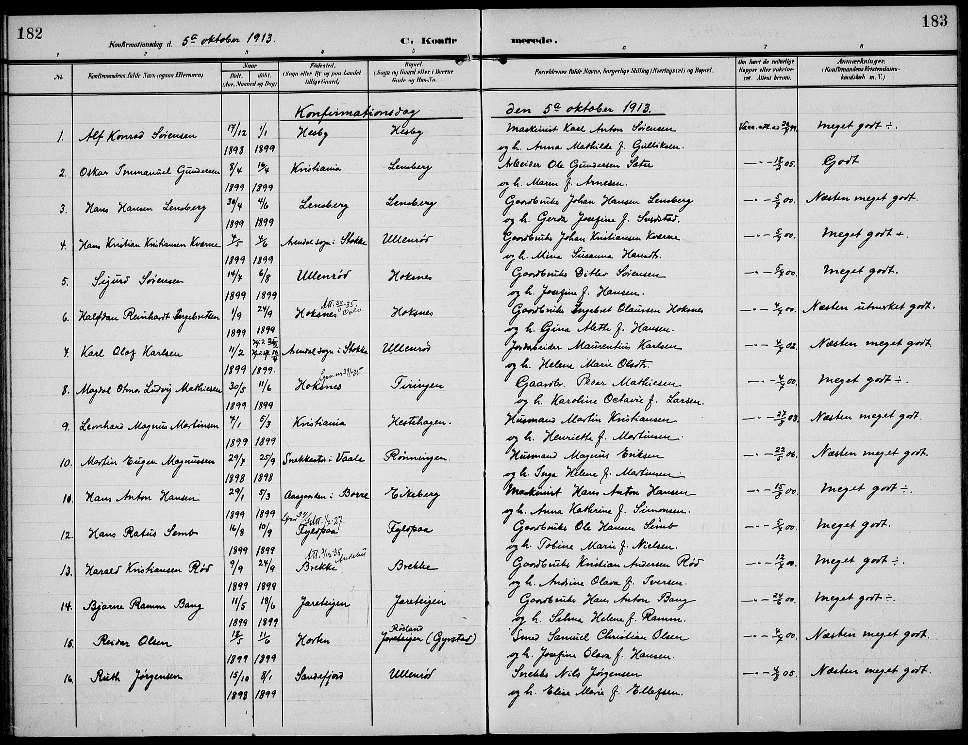 Sem kirkebøker, AV/SAKO-A-5/F/Fa/L0012: Parish register (official) no. I 12, 1905-1915, p. 182-183