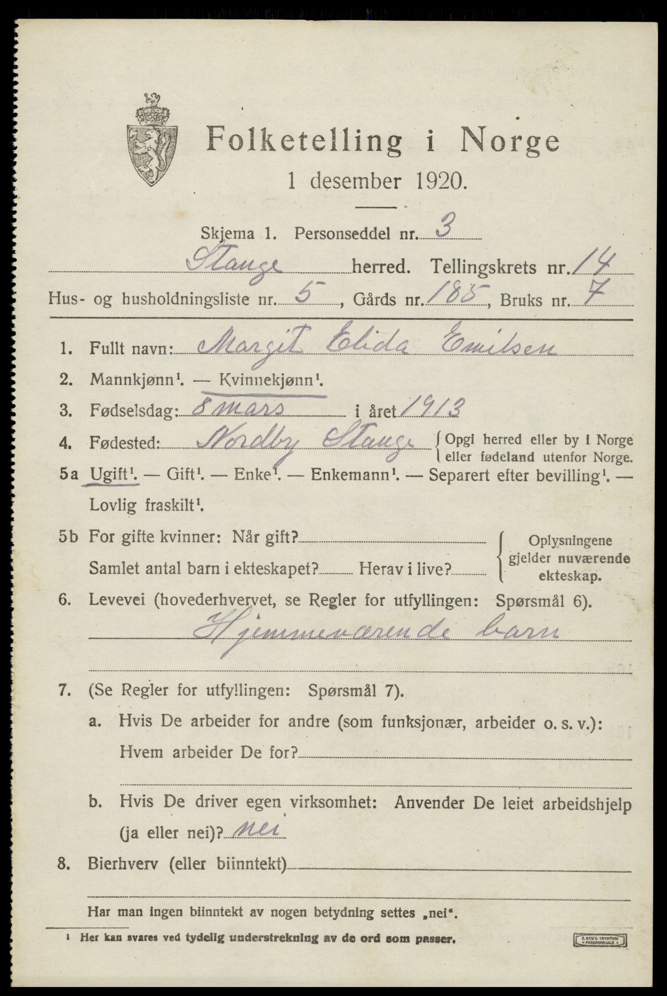 SAH, 1920 census for Stange, 1920, p. 19797