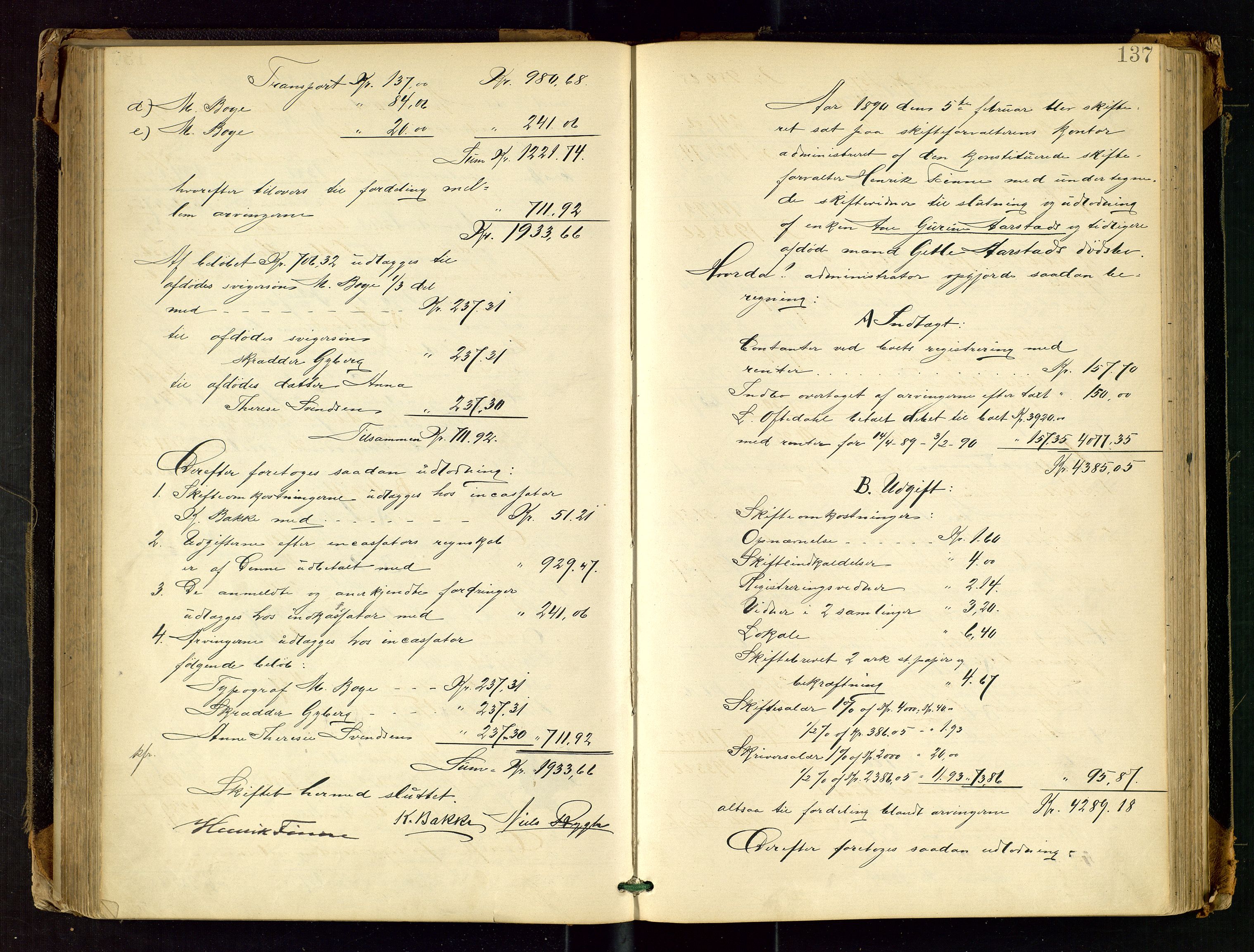 Stavanger skifteforvalter, AV/SAST-A-101412/001/5/50/503BB/L0001: Skifteutlodningsprotokoll, 1885-1892, p. 137