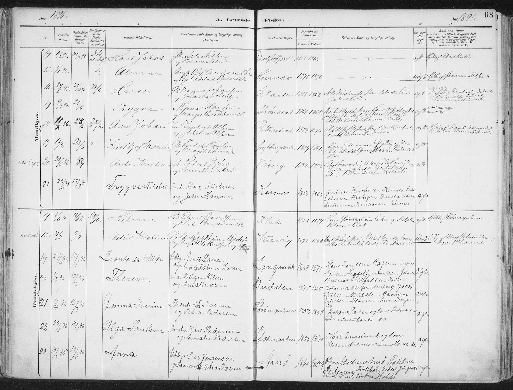 Ministerialprotokoller, klokkerbøker og fødselsregistre - Nordland, AV/SAT-A-1459/888/L1246: Parish register (official) no. 888A12, 1891-1903, p. 68