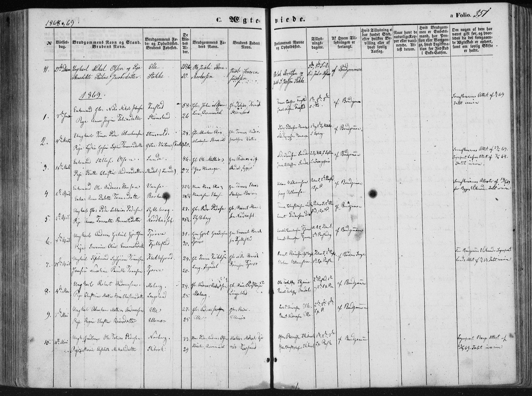Lista sokneprestkontor, SAK/1111-0027/F/Fa/L0011: Parish register (official) no. A 11, 1861-1878, p. 351