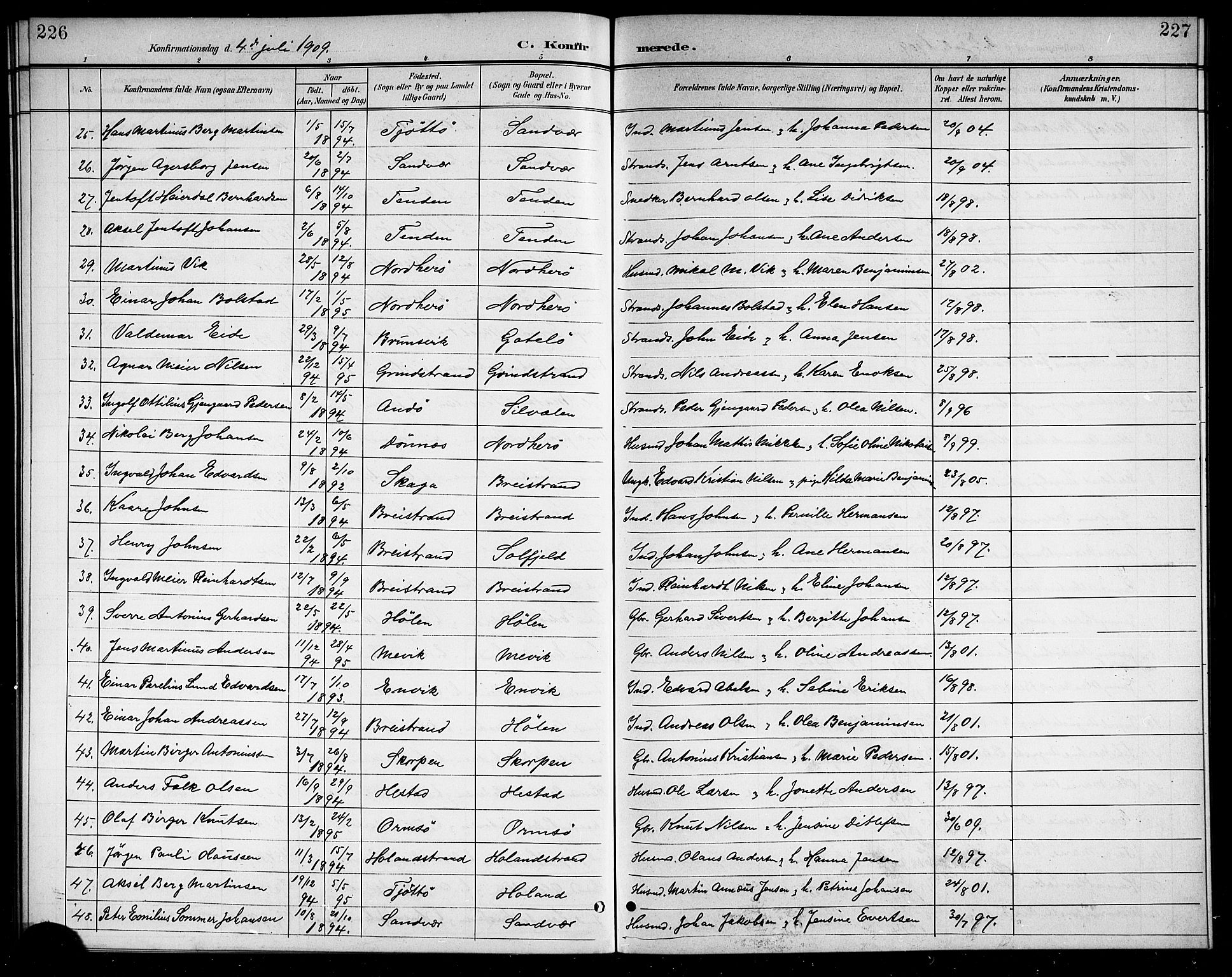 Ministerialprotokoller, klokkerbøker og fødselsregistre - Nordland, SAT/A-1459/834/L0516: Parish register (copy) no. 834C06, 1902-1918, p. 226-227