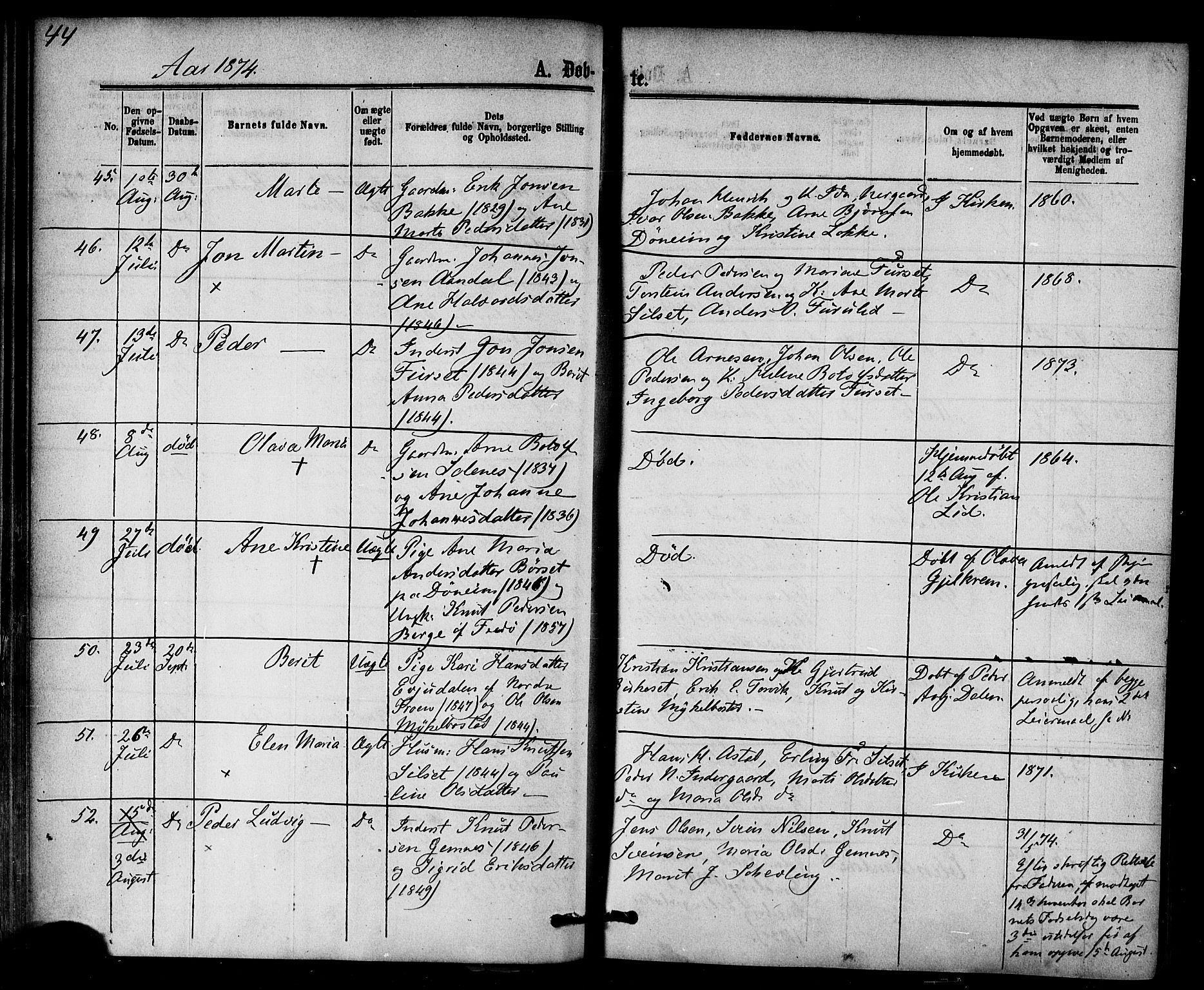 Ministerialprotokoller, klokkerbøker og fødselsregistre - Møre og Romsdal, AV/SAT-A-1454/584/L0966: Parish register (official) no. 584A06, 1869-1878, p. 44