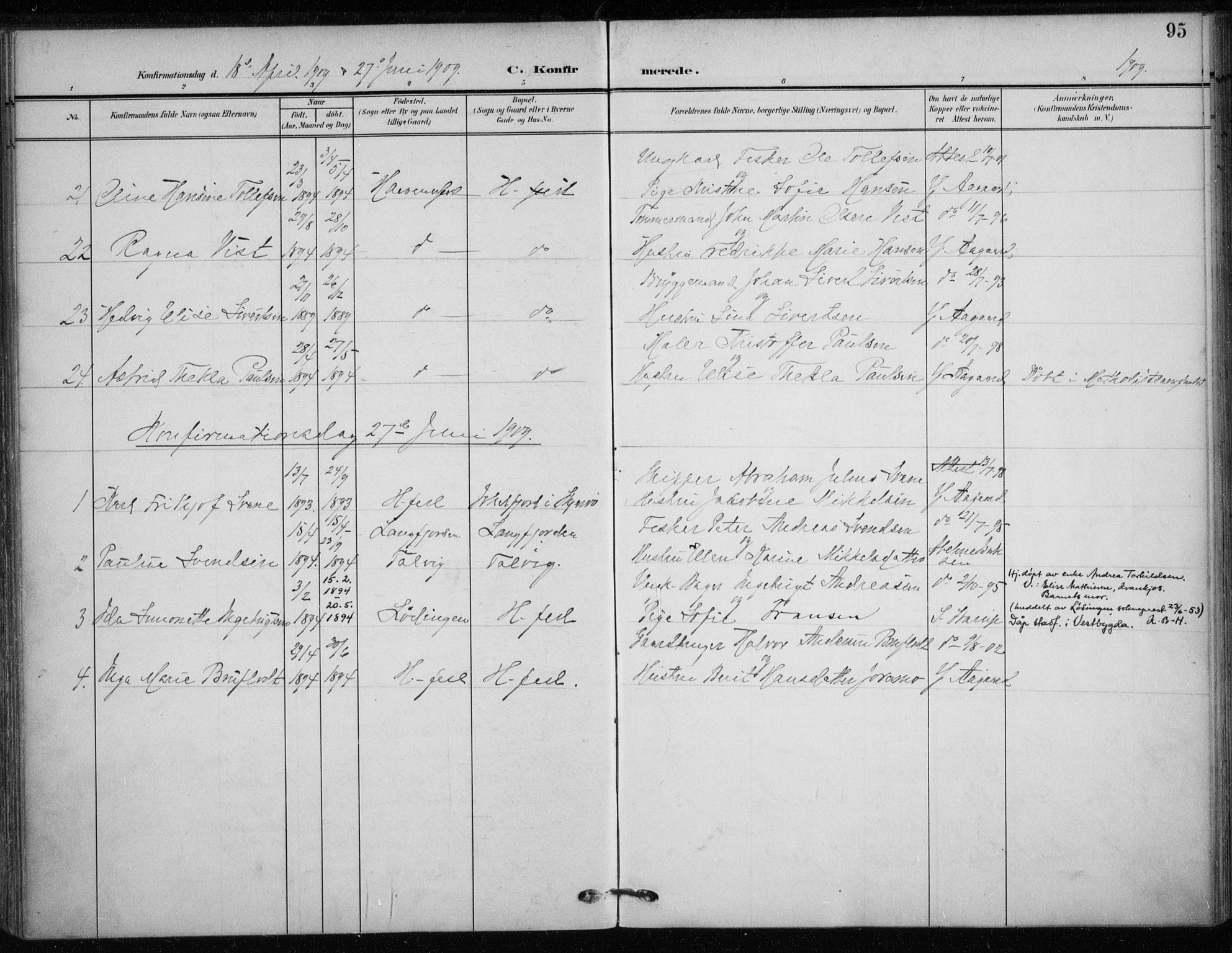 Hammerfest sokneprestkontor, SATØ/S-1347/H/Ha/L0014.kirke: Parish register (official) no. 14, 1906-1916, p. 95