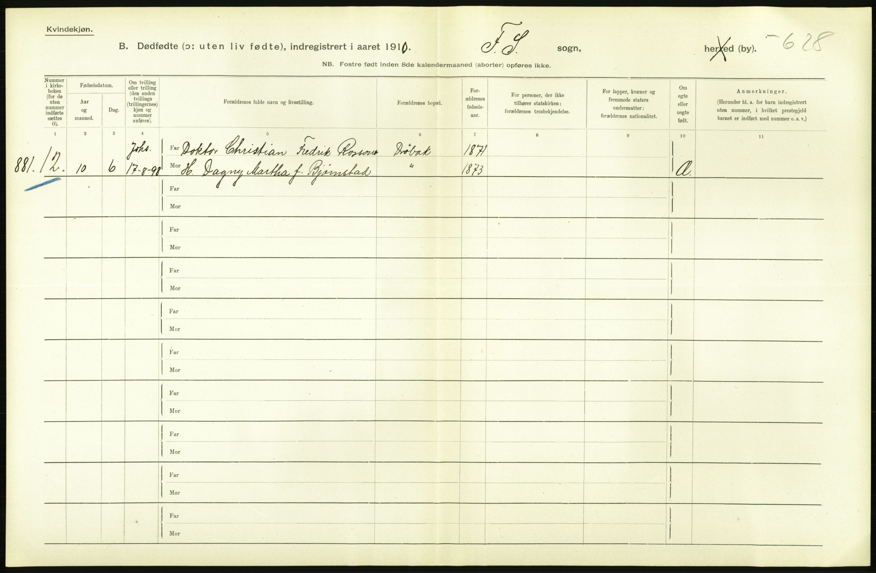 Statistisk sentralbyrå, Sosiodemografiske emner, Befolkning, AV/RA-S-2228/D/Df/Dfa/Dfah/L0009: Kristiania: Gifte og dødfødte., 1910, p. 888