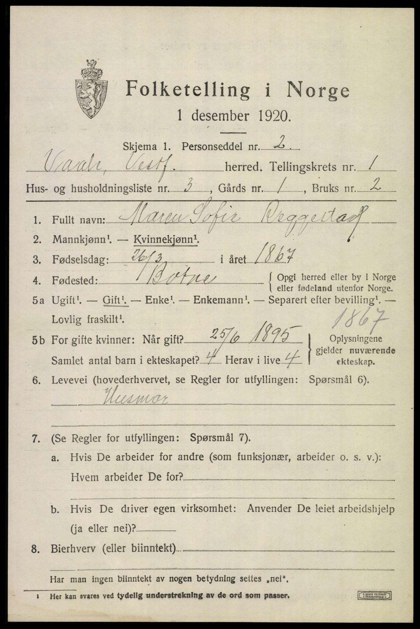 SAKO, 1920 census for Våle, 1920, p. 1102