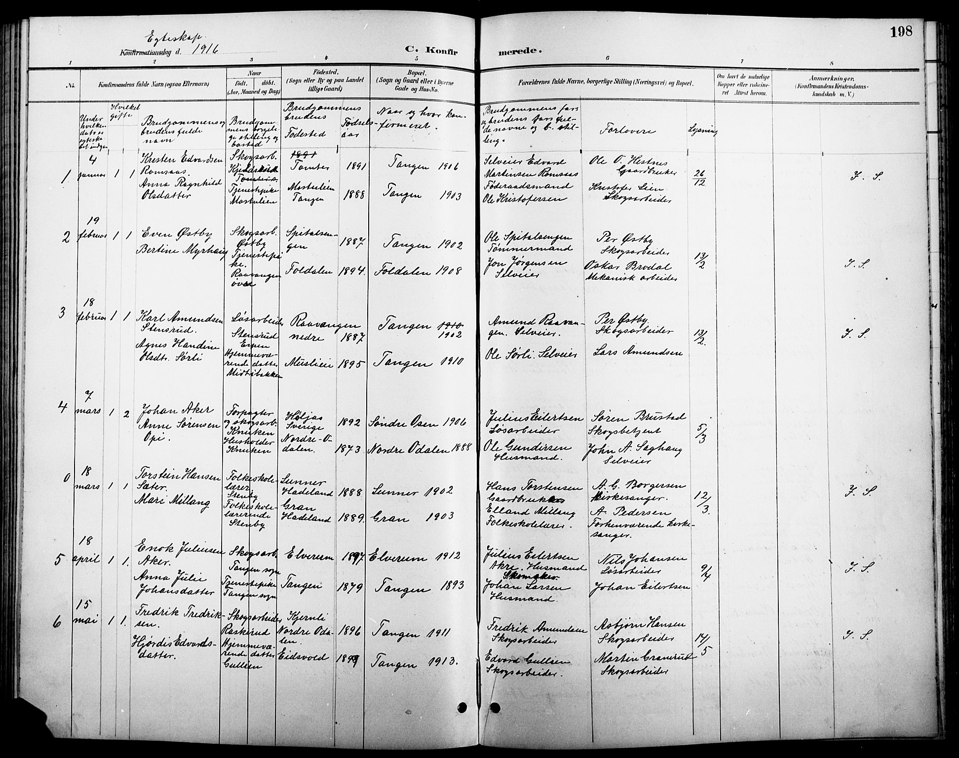 Stange prestekontor, SAH/PREST-002/L/L0011: Parish register (copy) no. 11, 1895-1917, p. 198