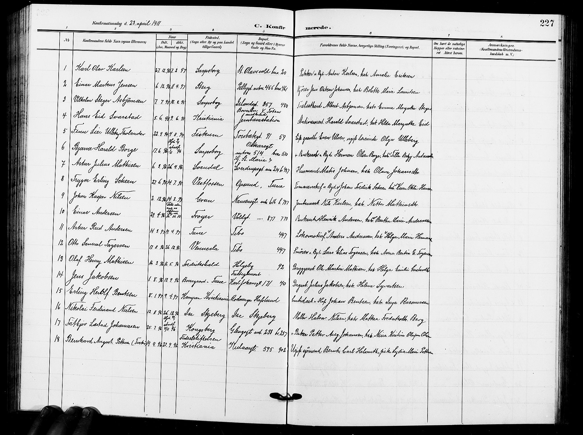 Sarpsborg prestekontor Kirkebøker, SAO/A-2006/G/Ga/L0001: Parish register (copy) no. 1, 1902-1911, p. 227