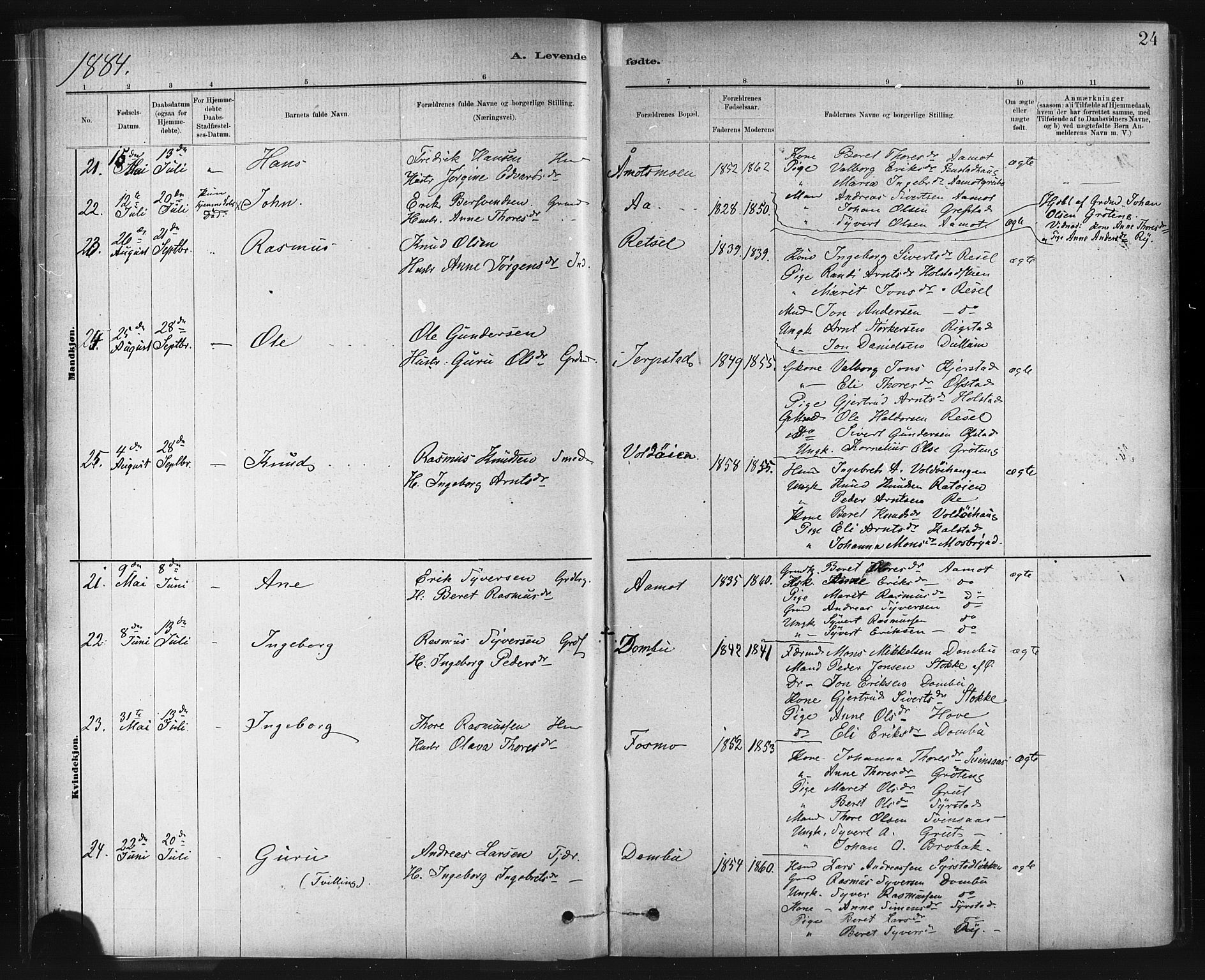 Ministerialprotokoller, klokkerbøker og fødselsregistre - Sør-Trøndelag, SAT/A-1456/672/L0857: Parish register (official) no. 672A09, 1882-1893, p. 24