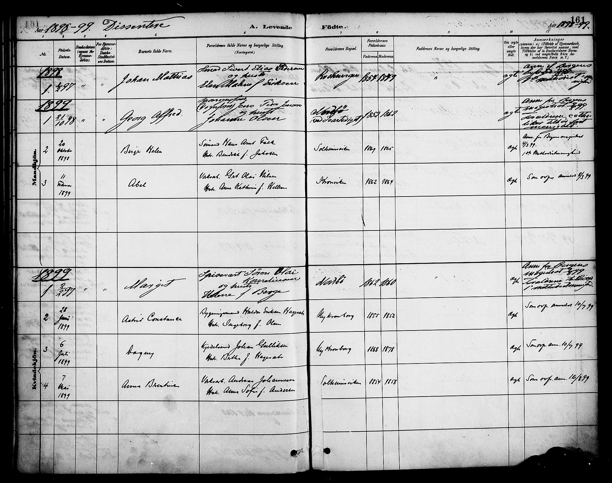 Årstad Sokneprestembete, AV/SAB-A-79301/H/Haa/L0001: Parish register (official) no. A 1, 1886-1901, p. 161