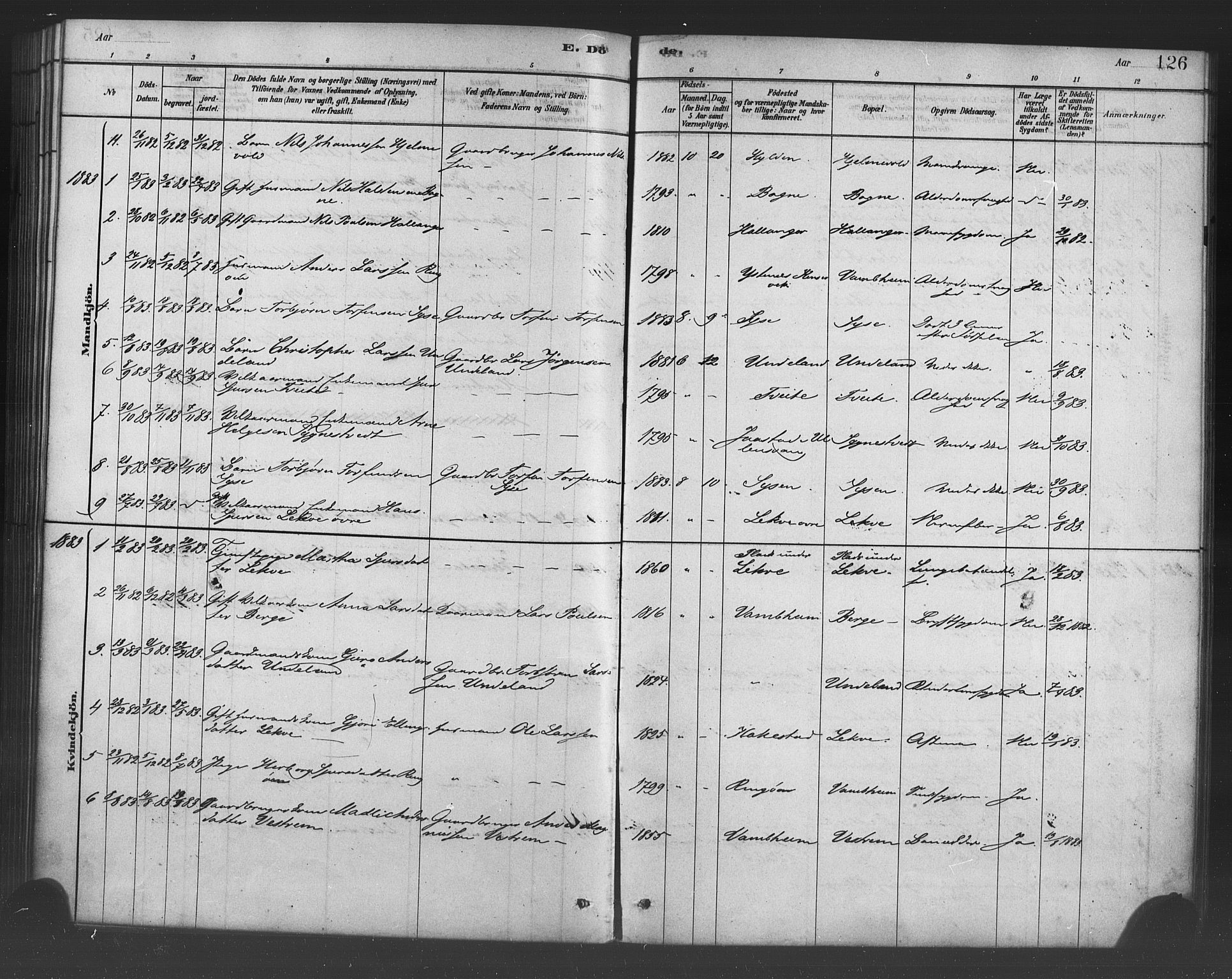 Ulvik sokneprestembete, SAB/A-78801/H/Haa: Parish register (official) no. B 1, 1878-1897, p. 126