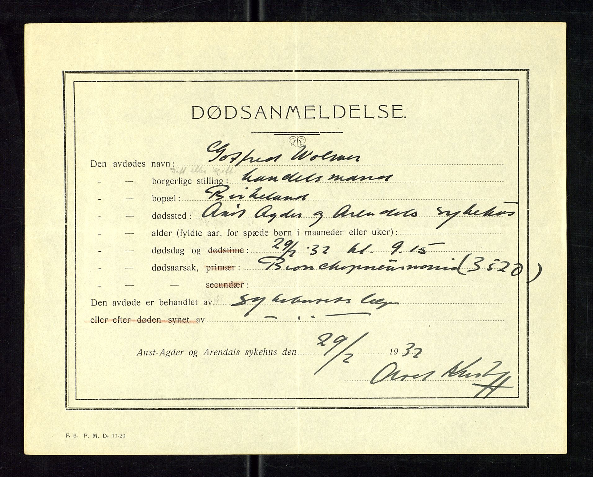 Birkenes lensmannskontor, AV/SAK-1241-0004/F/Fe/L0002/0003: Dødsfall / Dødsfallsmeldinger, 1915-1945