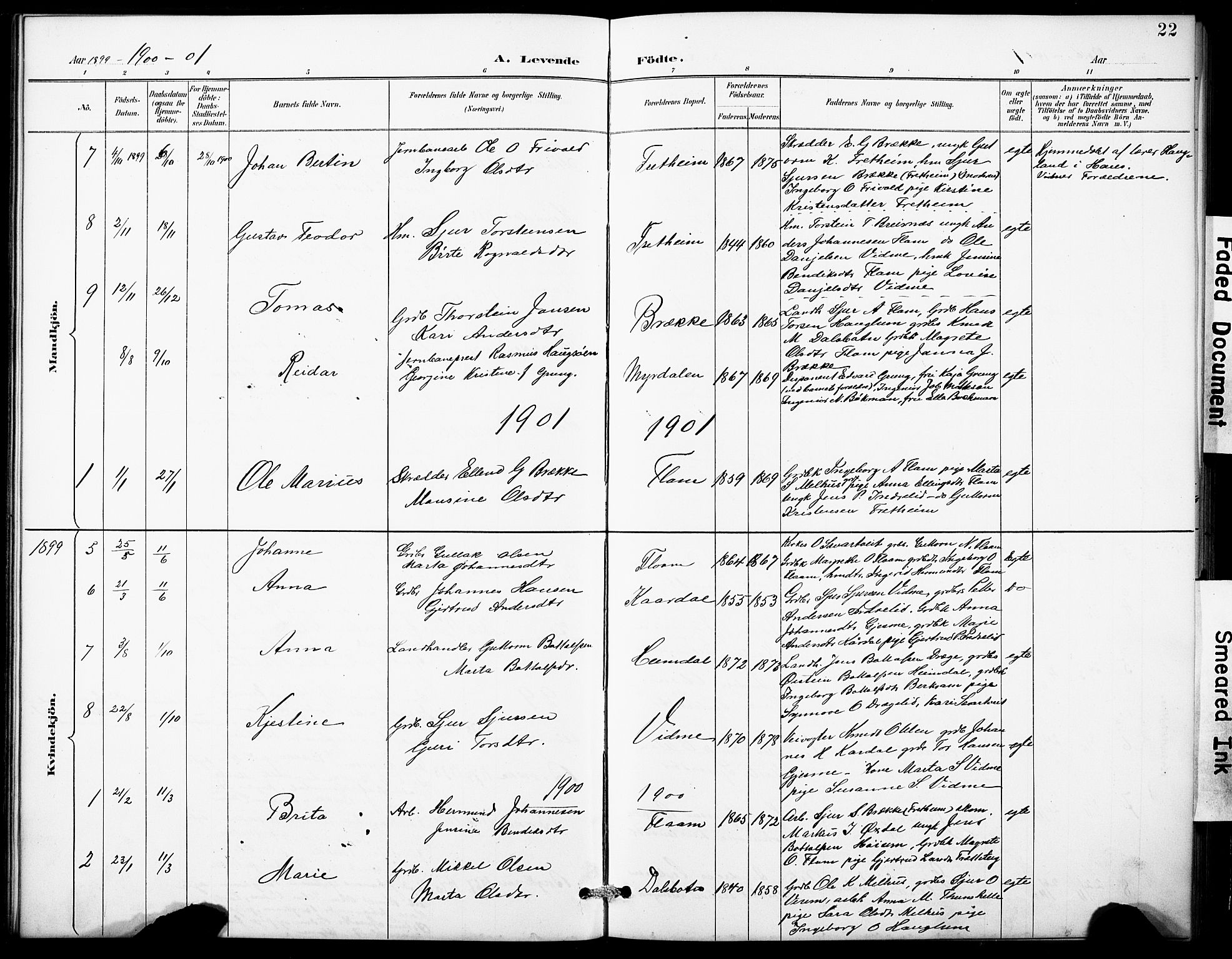 Aurland sokneprestembete, AV/SAB-A-99937/H/Hb/Hbb/L0002: Parish register (copy) no. B 2, 1887-1929, p. 22