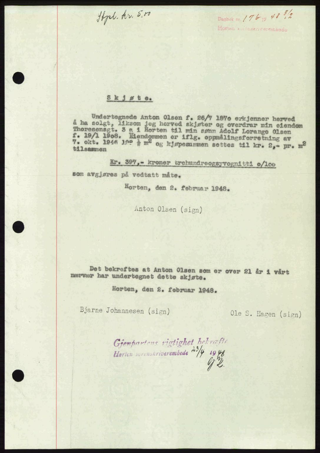 Horten sorenskriveri, AV/SAKO-A-133/G/Ga/Gaa/L0010: Mortgage book no. A-10, 1947-1948, Diary no: : 176/1948