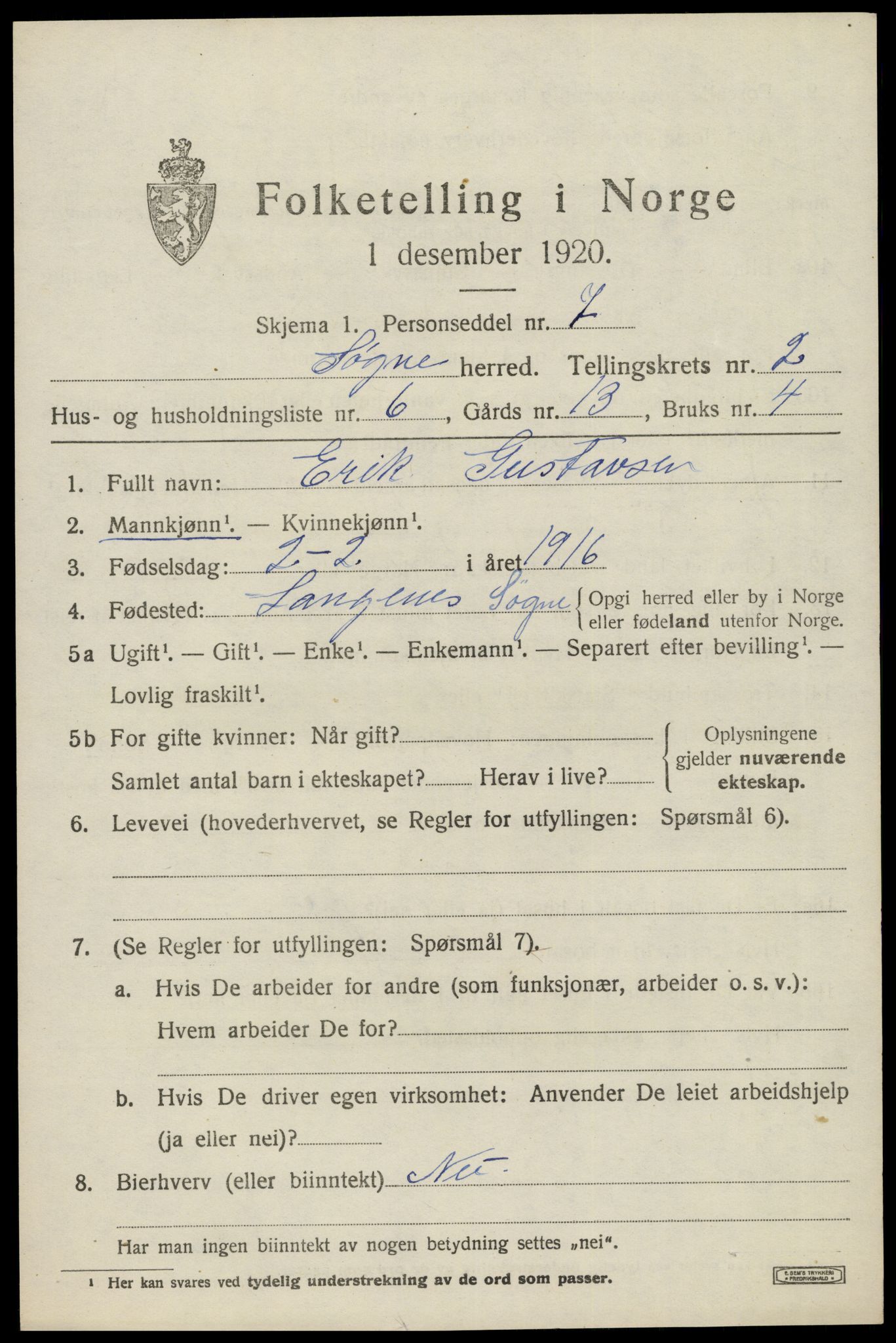 SAK, 1920 census for Søgne, 1920, p. 1505