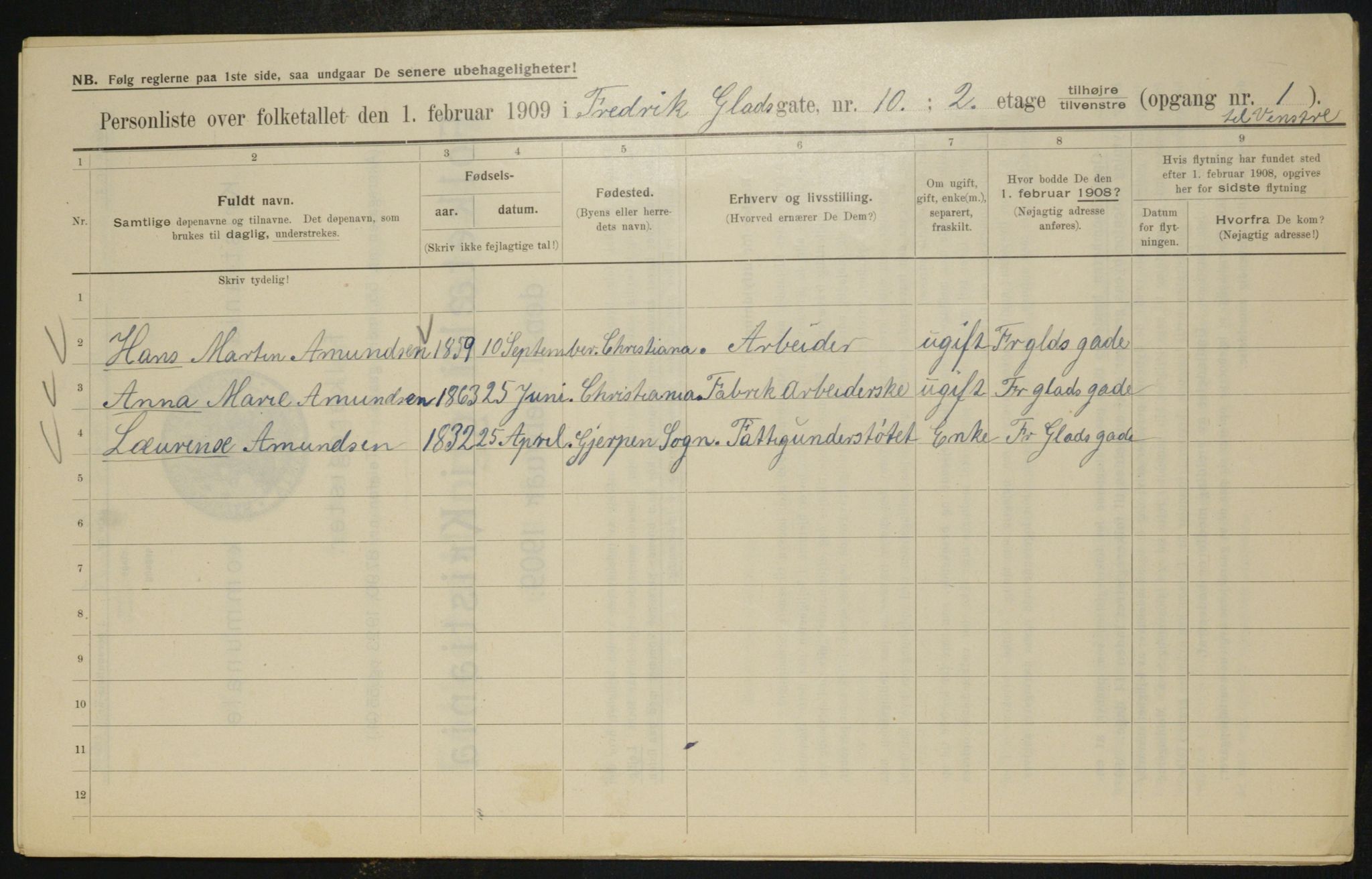 OBA, Municipal Census 1909 for Kristiania, 1909, p. 24046