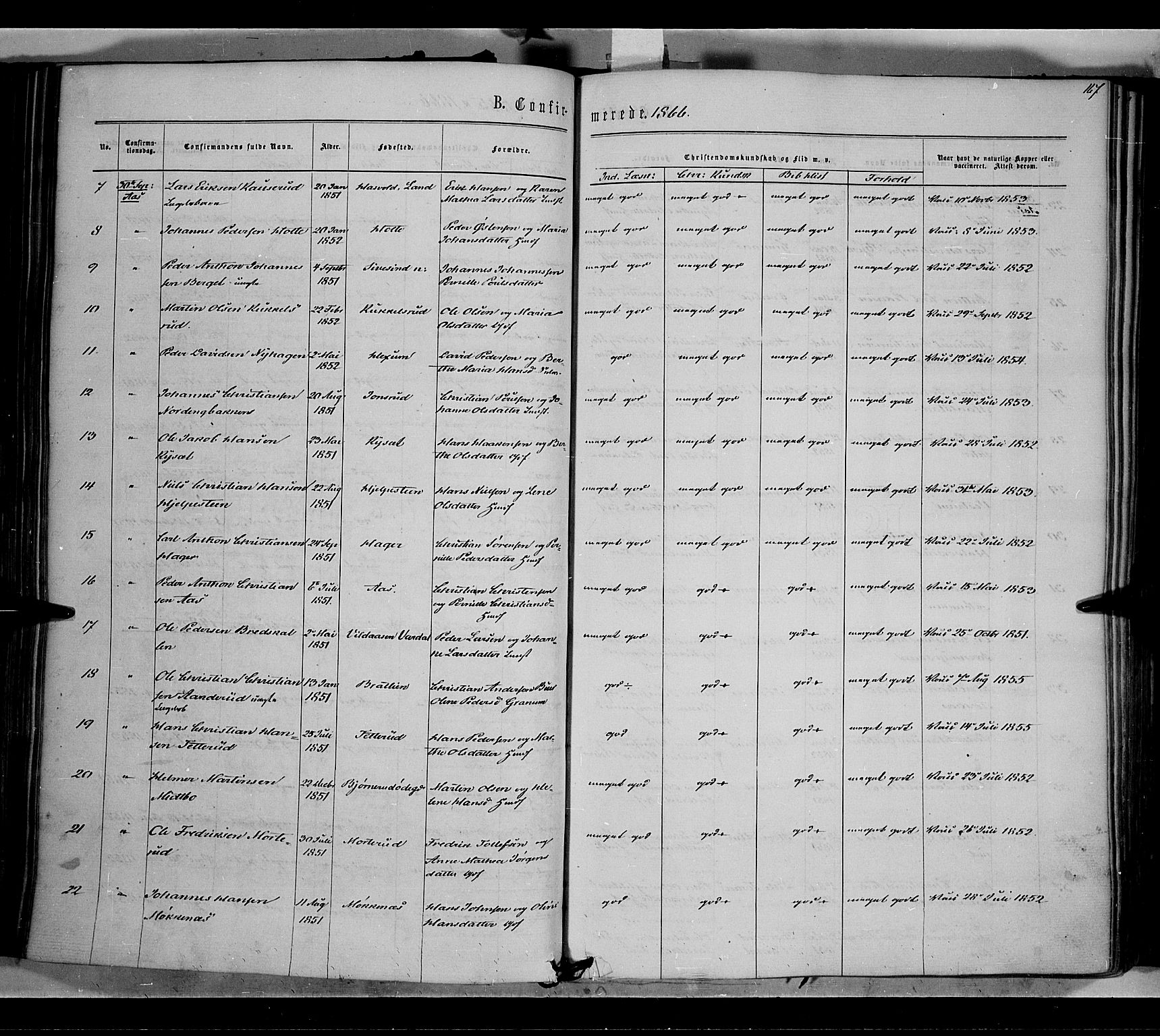 Vestre Toten prestekontor, SAH/PREST-108/H/Ha/Haa/L0007: Parish register (official) no. 7, 1862-1869, p. 167