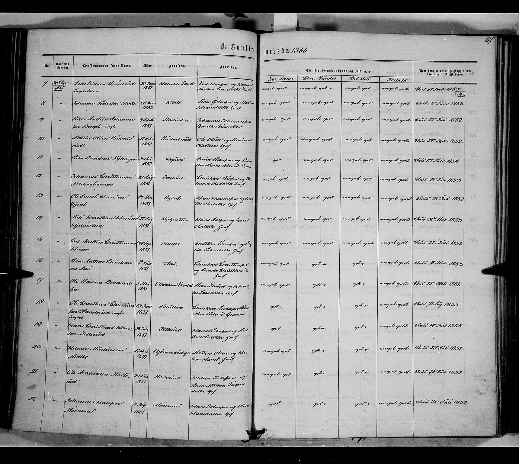 Vestre Toten prestekontor, AV/SAH-PREST-108/H/Ha/Haa/L0007: Parish register (official) no. 7, 1862-1869, p. 167