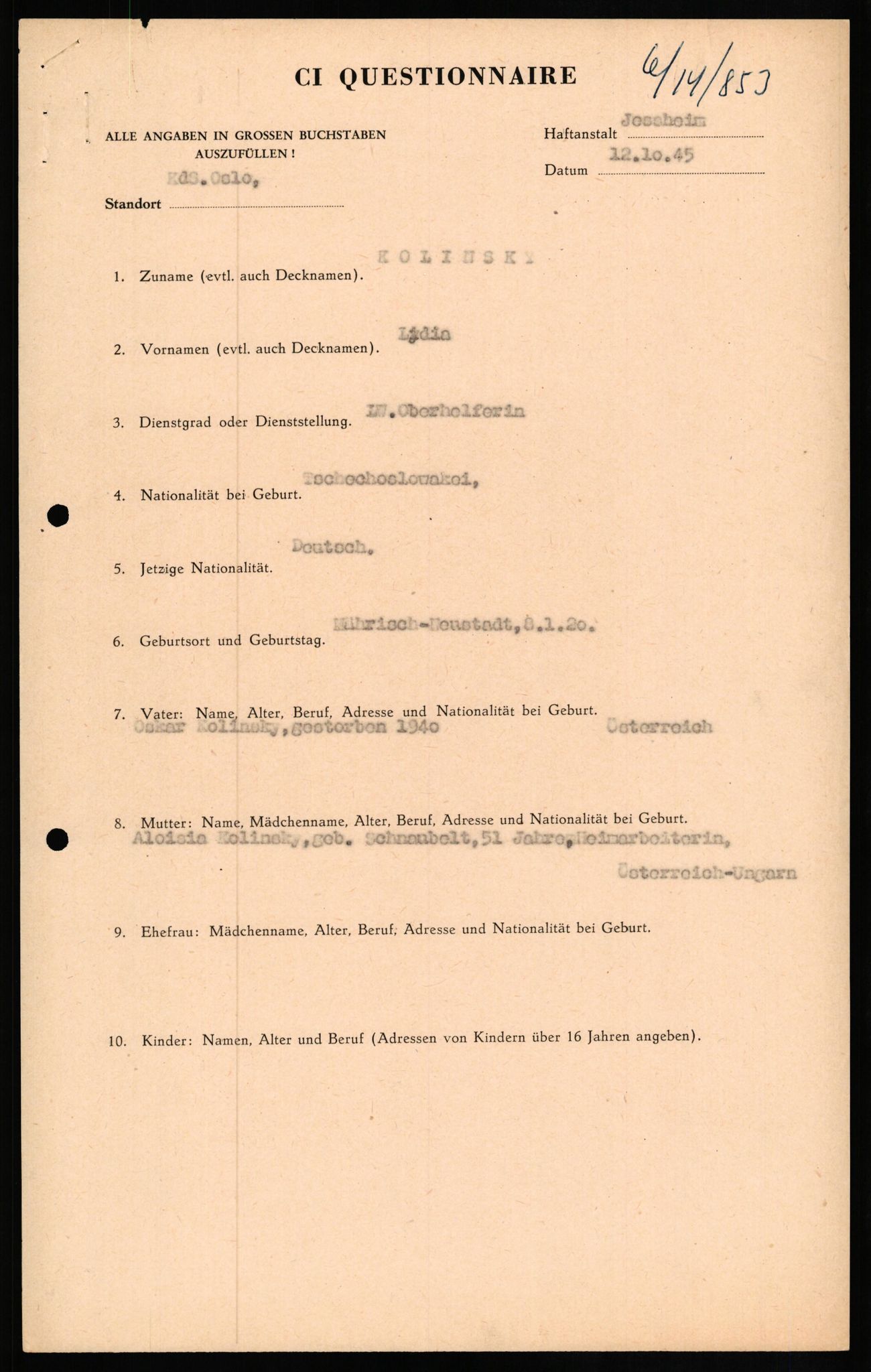 Forsvaret, Forsvarets overkommando II, AV/RA-RAFA-3915/D/Db/L0017: CI Questionaires. Tyske okkupasjonsstyrker i Norge. Tyskere., 1945-1946, p. 472