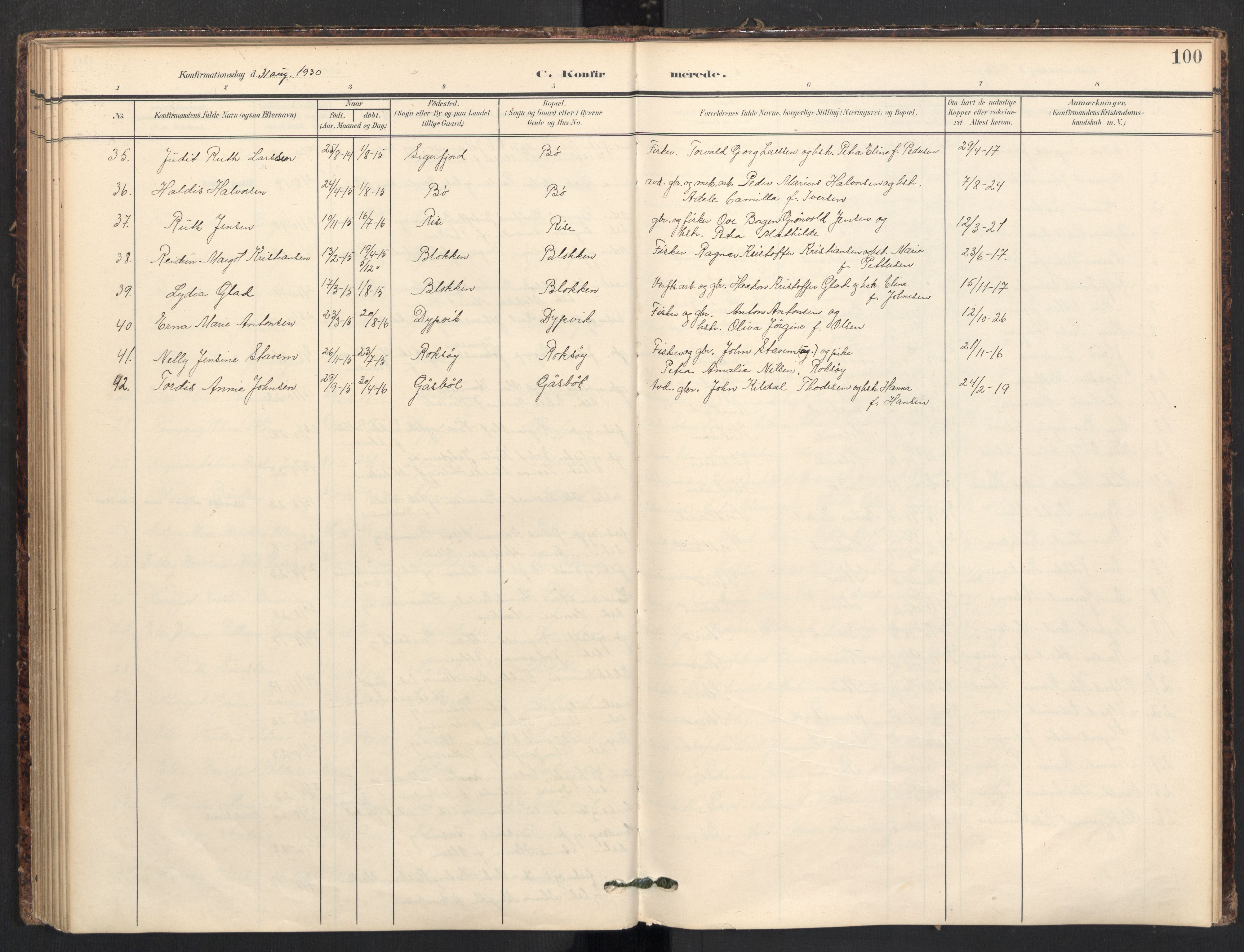 Ministerialprotokoller, klokkerbøker og fødselsregistre - Nordland, SAT/A-1459/895/L1375: Parish register (official) no. 895A10, 1907-1938, p. 100