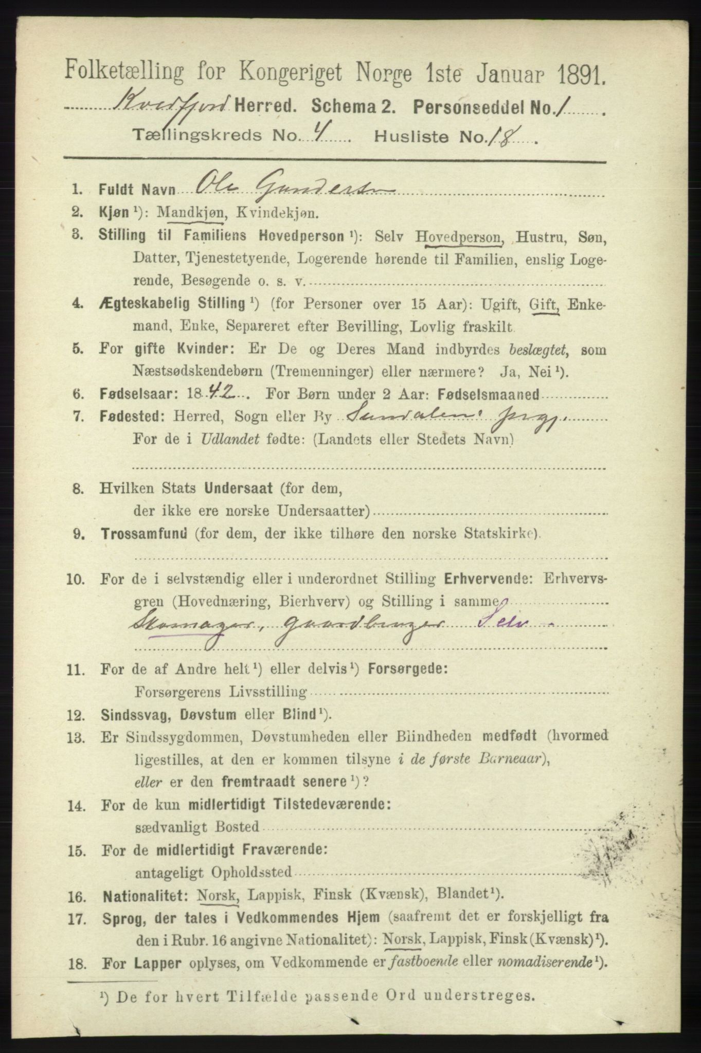 RA, 1891 census for 1911 Kvæfjord, 1891, p. 2000