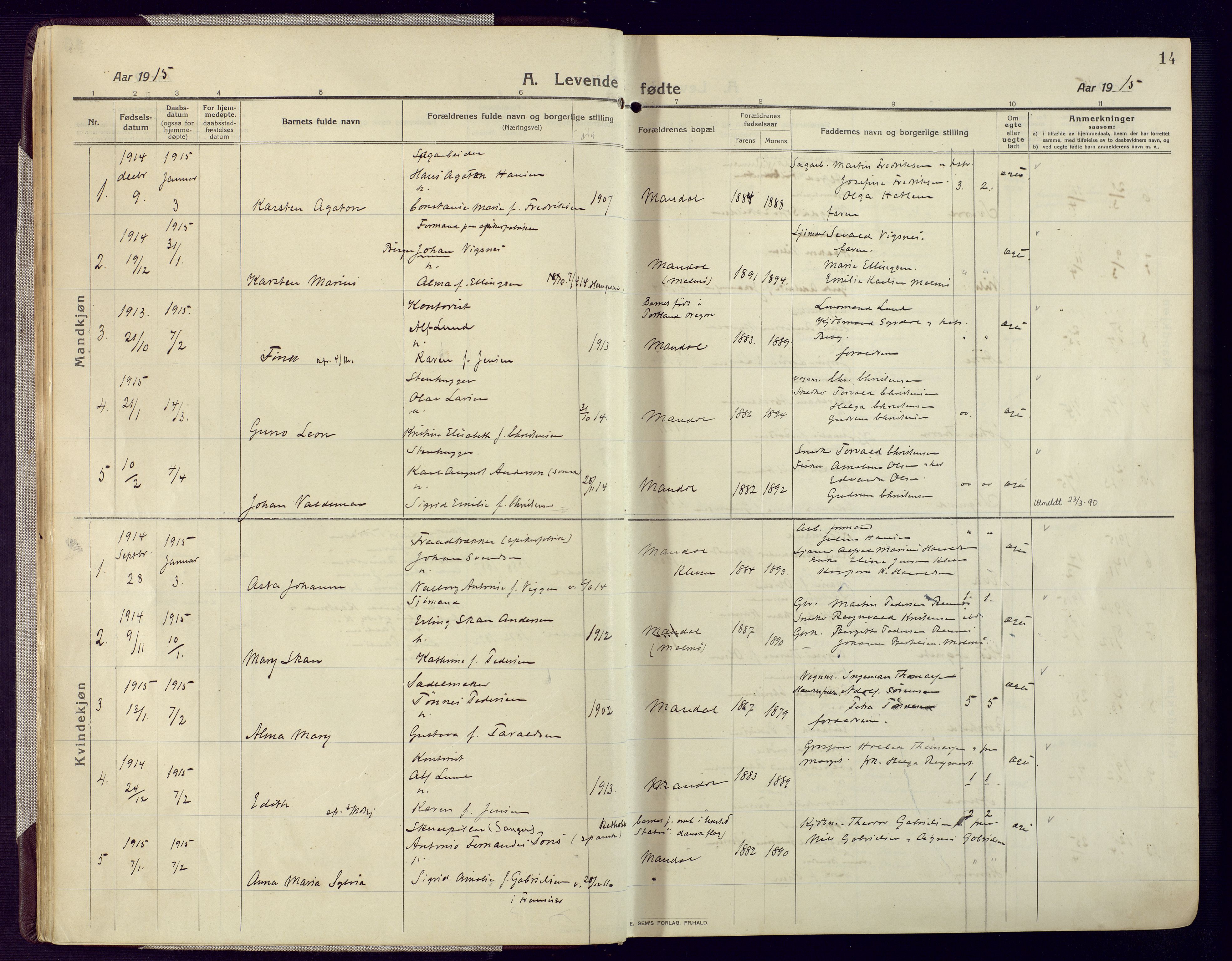 Mandal sokneprestkontor, SAK/1111-0030/F/Fa/Fac/L0001: Parish register (official) no. A 1, 1913-1925, p. 14