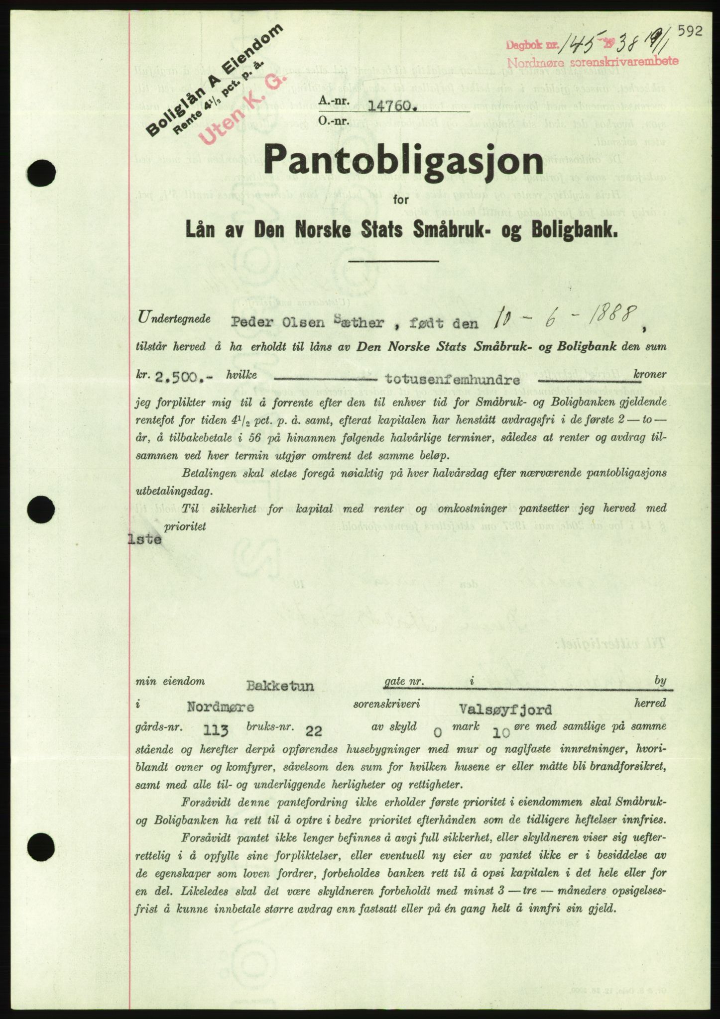 Nordmøre sorenskriveri, AV/SAT-A-4132/1/2/2Ca/L0092: Mortgage book no. B82, 1937-1938, Diary no: : 145/1938