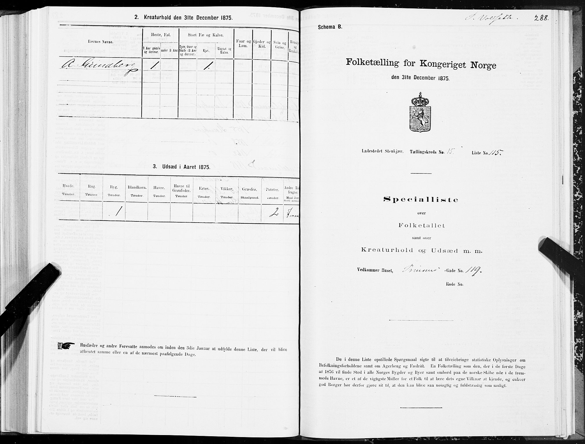 SAT, 1875 census for 1702B Steinkjer/Steinkjer, 1875, p. 288
