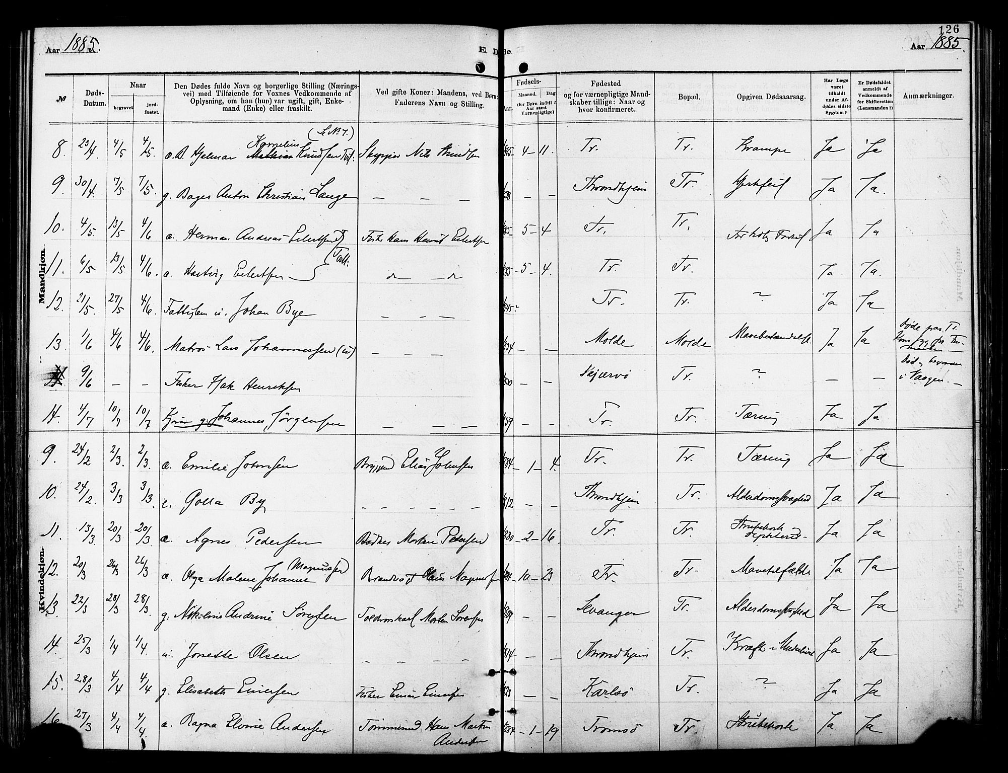 Tromsø sokneprestkontor/stiftsprosti/domprosti, AV/SATØ-S-1343/G/Ga/L0014kirke: Parish register (official) no. 14, 1878-1888, p. 126