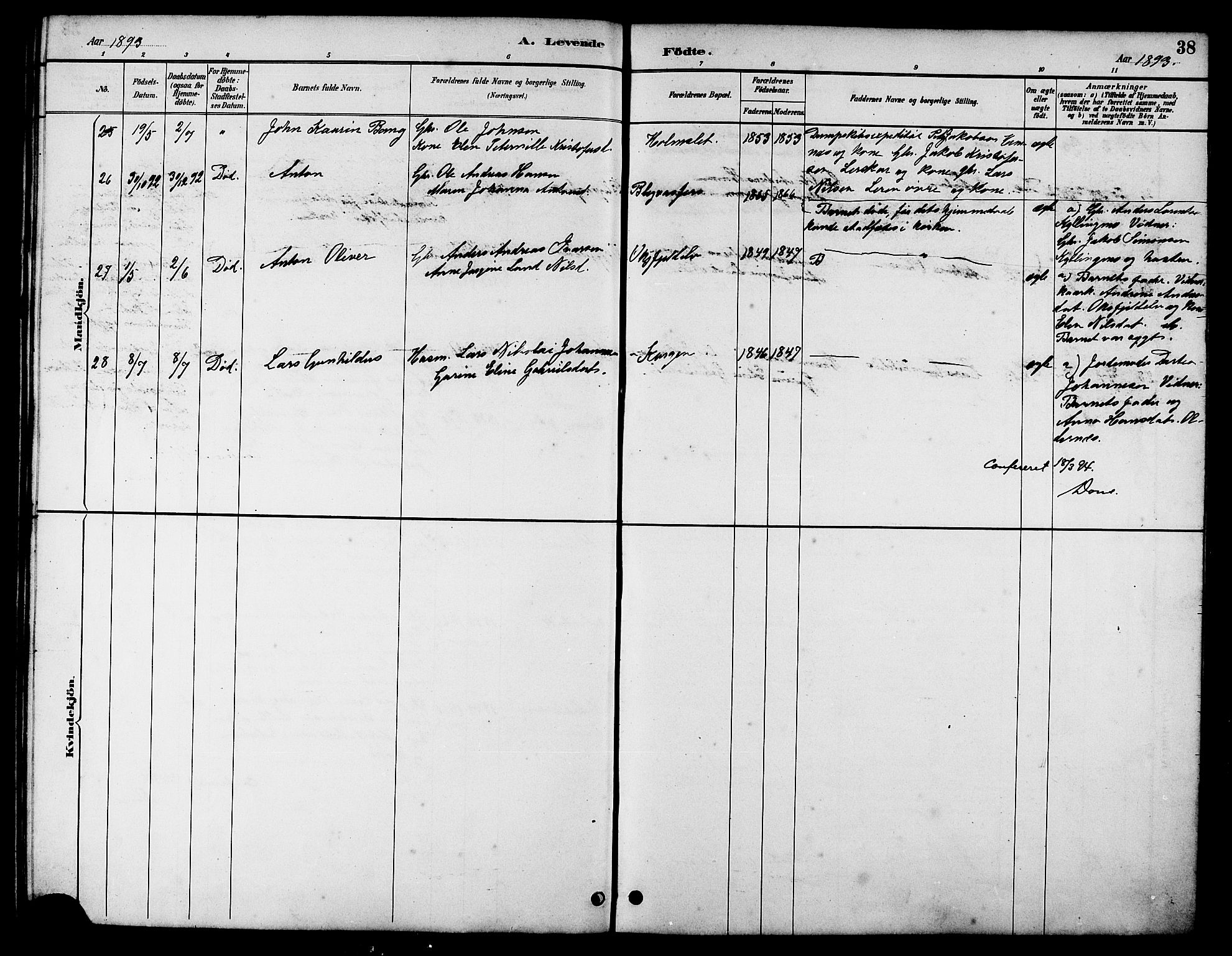 Ministerialprotokoller, klokkerbøker og fødselsregistre - Nordland, SAT/A-1459/826/L0383: Parish register (copy) no. 826C03, 1887-1896, p. 38