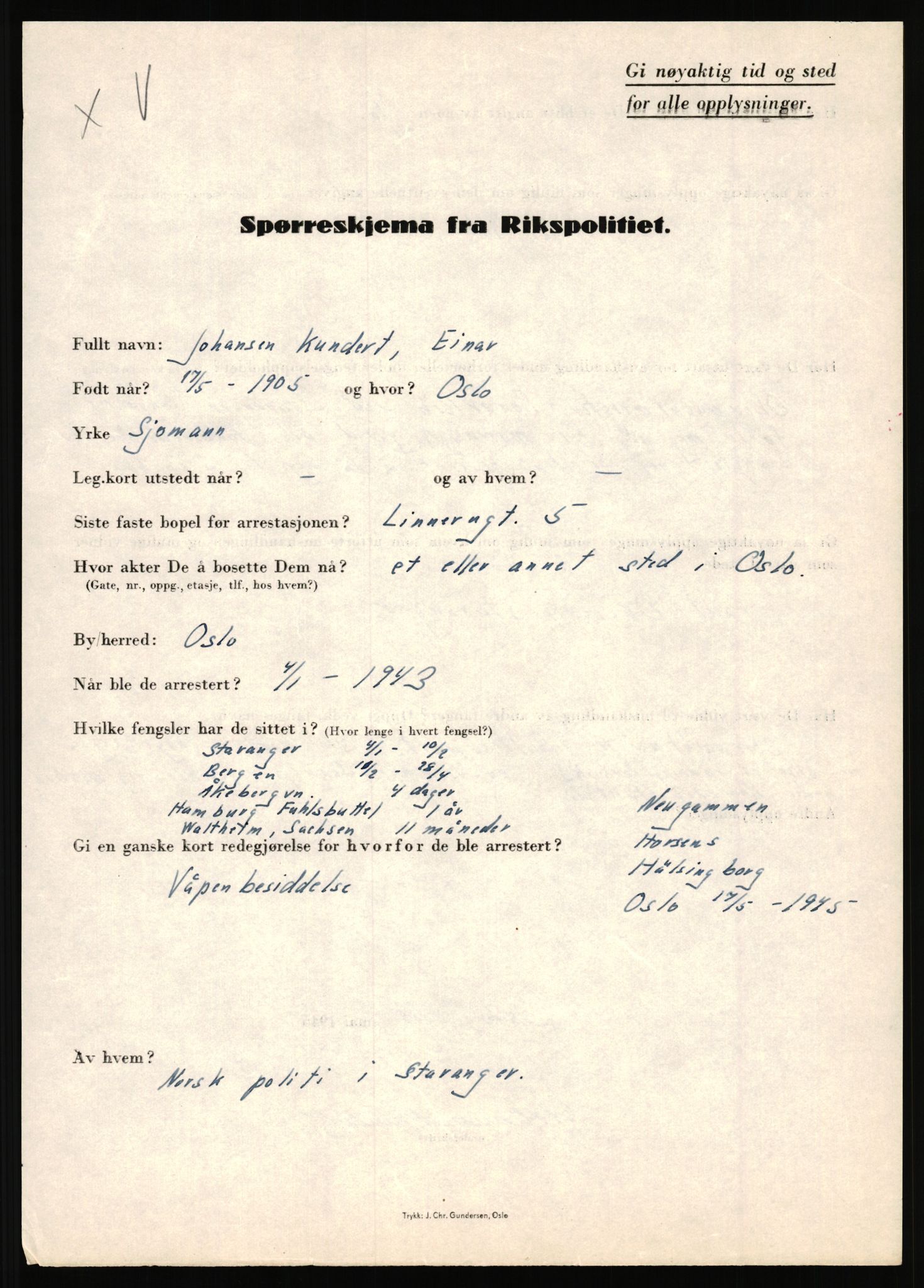 Rikspolitisjefen, AV/RA-S-1560/L/L0010: Kristianslund, Charles Ragnvald - Losvik, Einar, 1940-1945, p. 113