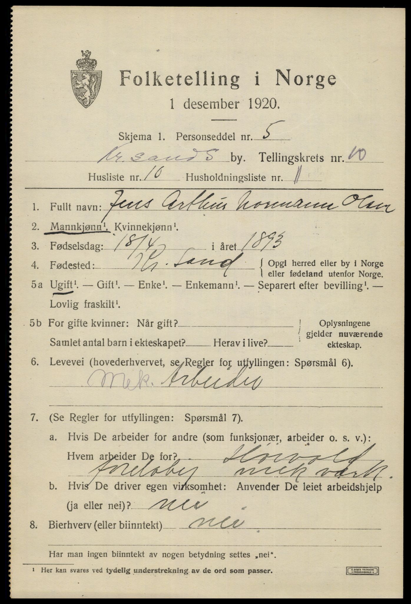 SAK, 1920 census for Kristiansand, 1920, p. 23827