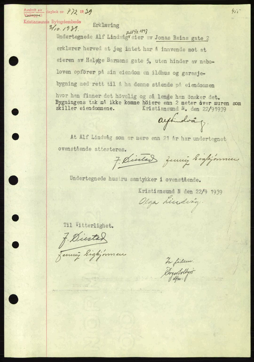 Kristiansund byfogd, AV/SAT-A-4587/A/27: Mortgage book no. 31, 1938-1939, Diary no: : 772/1939